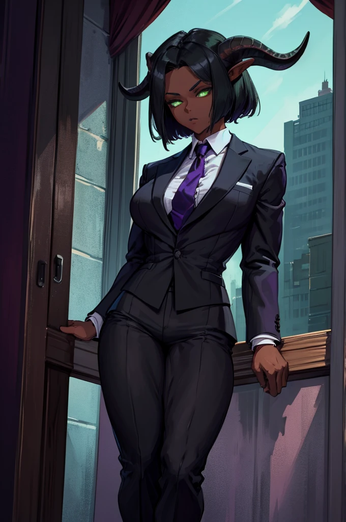 (Masterpiece) (High Detail) (High Res) (Black Skin) Looking from below A young teenage black humanoid FutEred with dark skin and ebony flesh and green eyes and short black hair and goat ears and short dark goat horns and a toned teen body and average breasts wearing a formal suit and tie with a purple shirt and a bulge in her pants