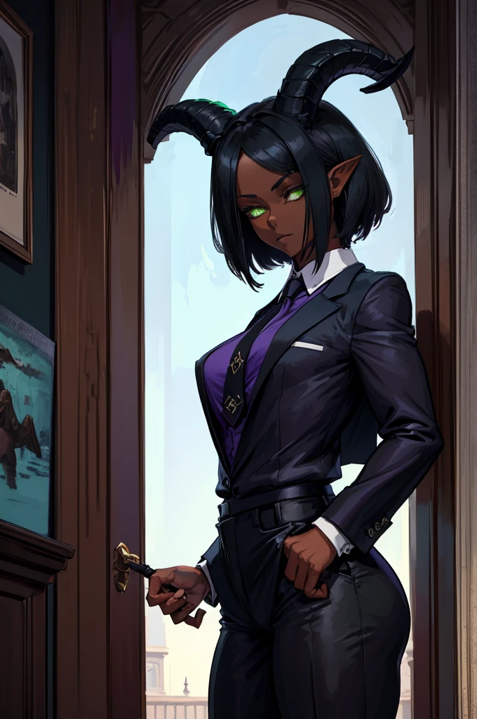 (Masterpiece) (High Detail) (High Res) (Black Skin) Looking from below A young teenage black humanoid FutEred with dark skin and ebony flesh and green eyes and short black hair and goat ears and short dark goat horns and a toned teen body and average breasts wearing a formal suit and tie with a purple shirt and a bulge in her pants