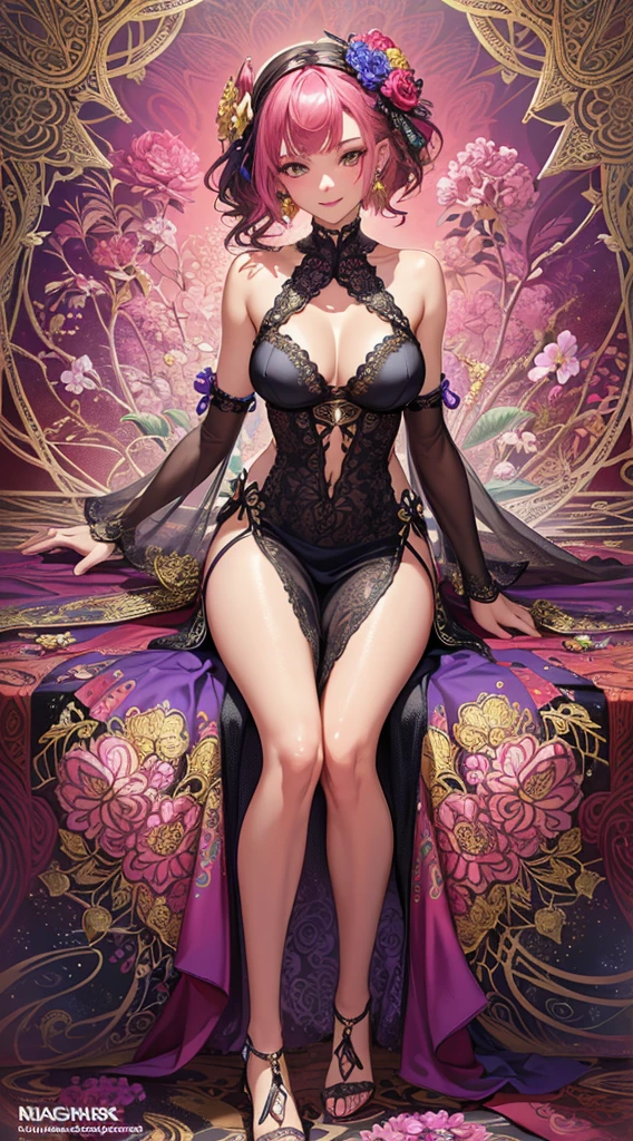 A female with medium breasts, slim body, tempting body, nice bare leg, bare arm, cleavage, bare shoulders, short hair, black hair, curly hair, silk bed, soft bed, silk garment, silk ornament, night lighting, flowers, feathers, particles, light rays, (masterpiece, top quality, best quality, official art, beautiful and aesthetic:1.2), (1girl:1.3), extremely detailed,(fractal art:1.1),(colorful:1.1)(flowers:1.3), highest detailed,(zentangle:1.2), (sexy sit pose), (abstract background:1.3), (shiny skin), (many colors:1.4), (earrings:1.4), (tight-laced short dress:1.2), (shiny skin), (many colors:1.4), (earrings:1.4), sexy eyes, innocent, smile, sweet, beautiful, attractive body, gorgeous, pink blush, waiting.