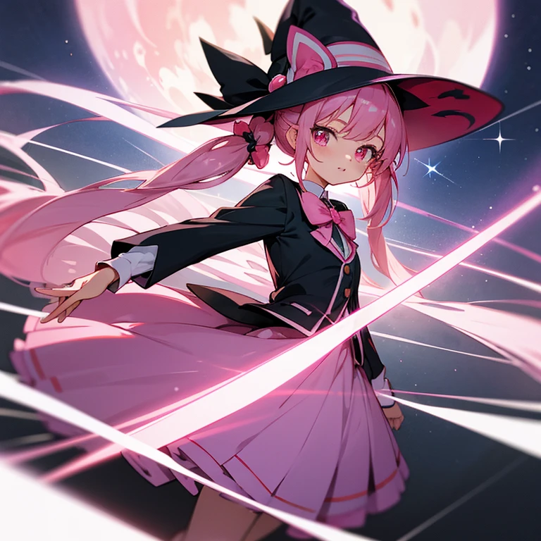 human girl,14years,独奏,long twintail,Pink hair,Big pink eyes,Sparkling eyes,校服,pink blazer,Genki,Innocence,Frolic,animesque,long  skirt,Witch,pink there,uses magic,childish,cute little,European style,kirakira,bow ribbon,Precure,witch's hat,Forward-facing,high-level image quality,hightquality,nigh sky,optic,No logo