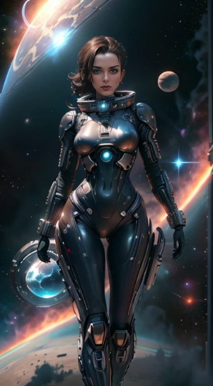 Woman in a spacesuit standing in front of a planet, alto, pernas sexy, pernas longas, pernas sexy, coxas grossas torneadas, seios muito enormes, Artgerm Julie Bell Beeple, seios grandes, arte conceitual digital suave, mulher scifi, Deusa ciborgue no cosmos, inspirado em Marek Okon, cgsociedade inspirada, Obra-prima da CGSOCIETY, mulher bonita no traje espacial, CGsociety - W 1 0 2 4 - N 8 - I, traje espacial futurista