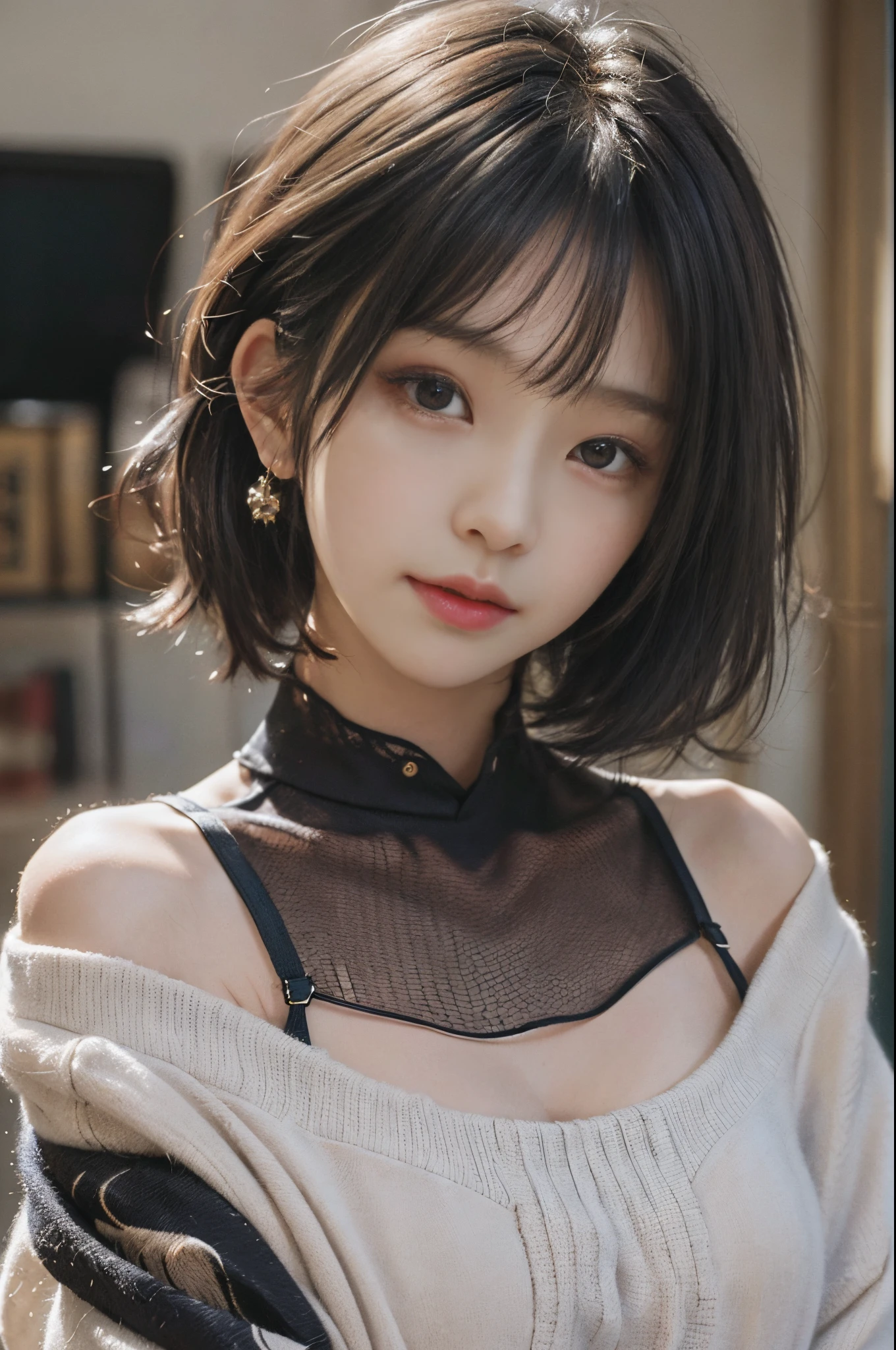 (masterpiece:1.3), (8K, 真实感, Original photography, Top image quality: 1.4), Japanese high school girl、(random hair style:1.2)、cleavage:1.2、Super detailed faces、Eye of detail、二重まぶた、Bring your chest together、tack sharp focus:1.2、Pretty Women:1.4、Light brown hair、top-quality、masterpiece、超高分辨率、(真实感:1.4)、Highly detailed and professional lighting smile、Loose and lightweight knitwear、shoulders outward、Elongated、serious face expression、short detailed hair、Fatal position