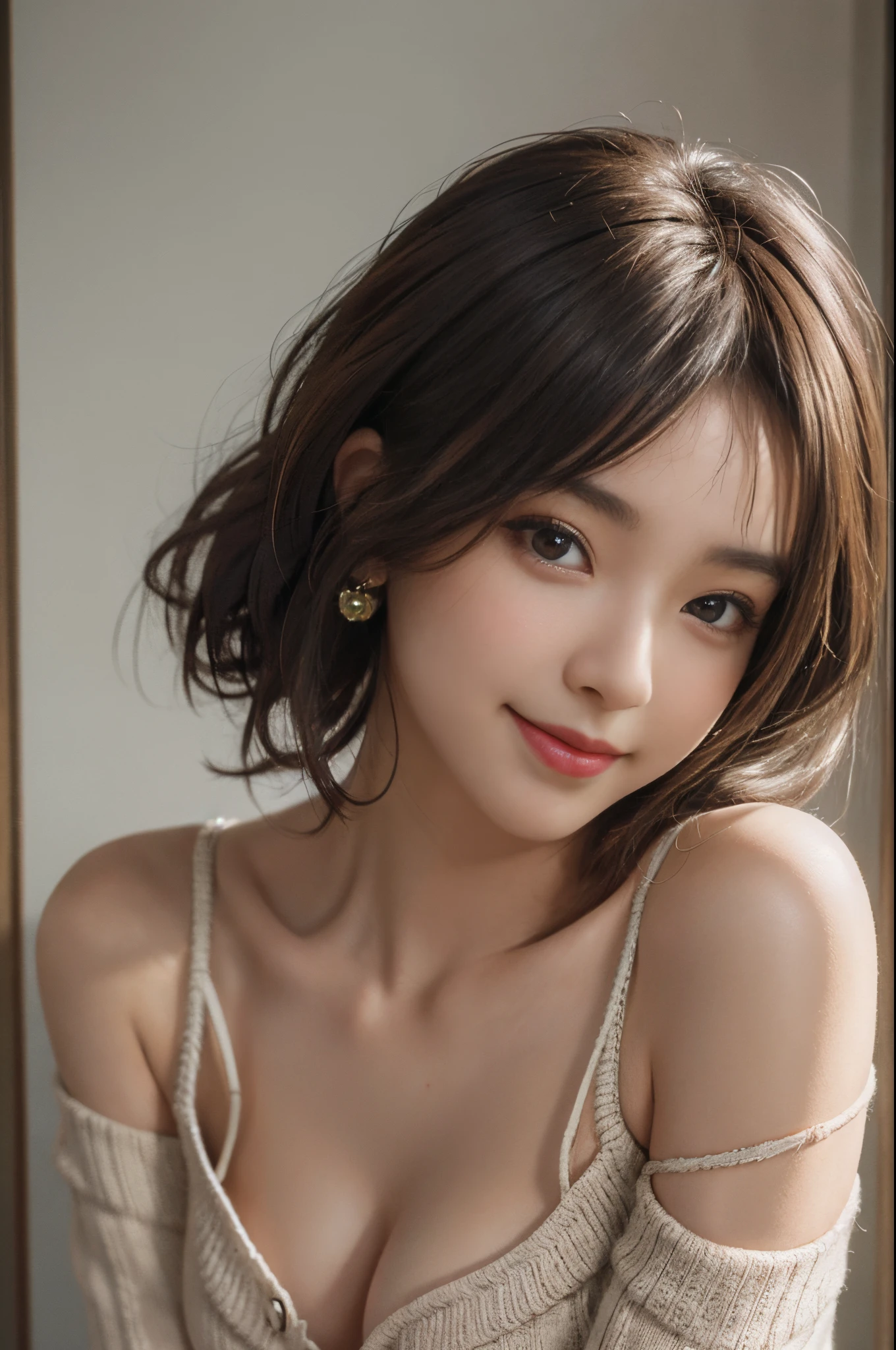 (best quality,8K,realistic,original photography,top image quality:1.4), Japanese high school girl, (random hairstyle:1.2), cleavage:1.2, ultra-detailed face, detailed eyes, double eyelids, close-set breasts, sharp focus:1.2, beautiful woman:1.4, light brown hair, top quality, masterpiece, high resolution, (realistic:1.4), highly detailed and professionally lit smile, loose lightweight knitwear, shoulders outward, slender, serious facial expression, short hair, deadly pose