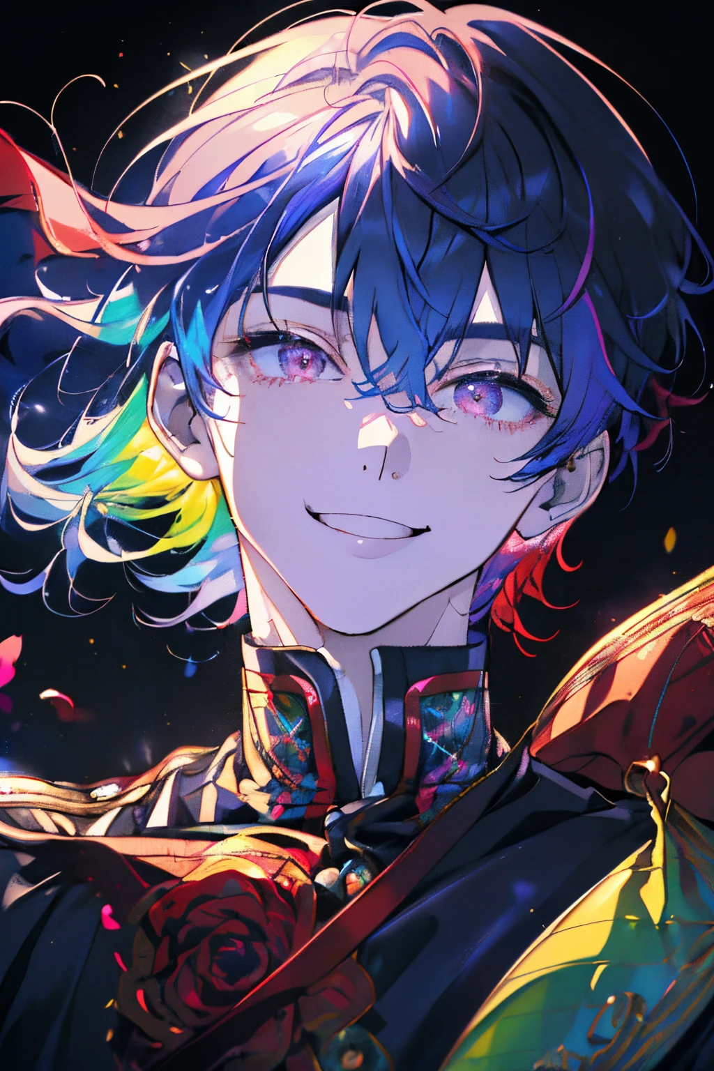 ((colorful rainbow hair)),((Shorthair)),((Straight hair)),((huge smile)),((Eyes with a mixture of colorful colors)),(plaid long sleeve tops),Slight red tide,((Put your hands on your face)),((he shines brightly.)),((Covered with rainbow colorful roses)),(((close up of face))),((Close-up of the eyes)),((durable collar and leash)),(extra large moonlit night),((Late night outdoor)),(The whole thing is enveloped in a faint light),((Perspective from above)),((Smile with your mouth wide open)),((Boy)),((Adult male)),