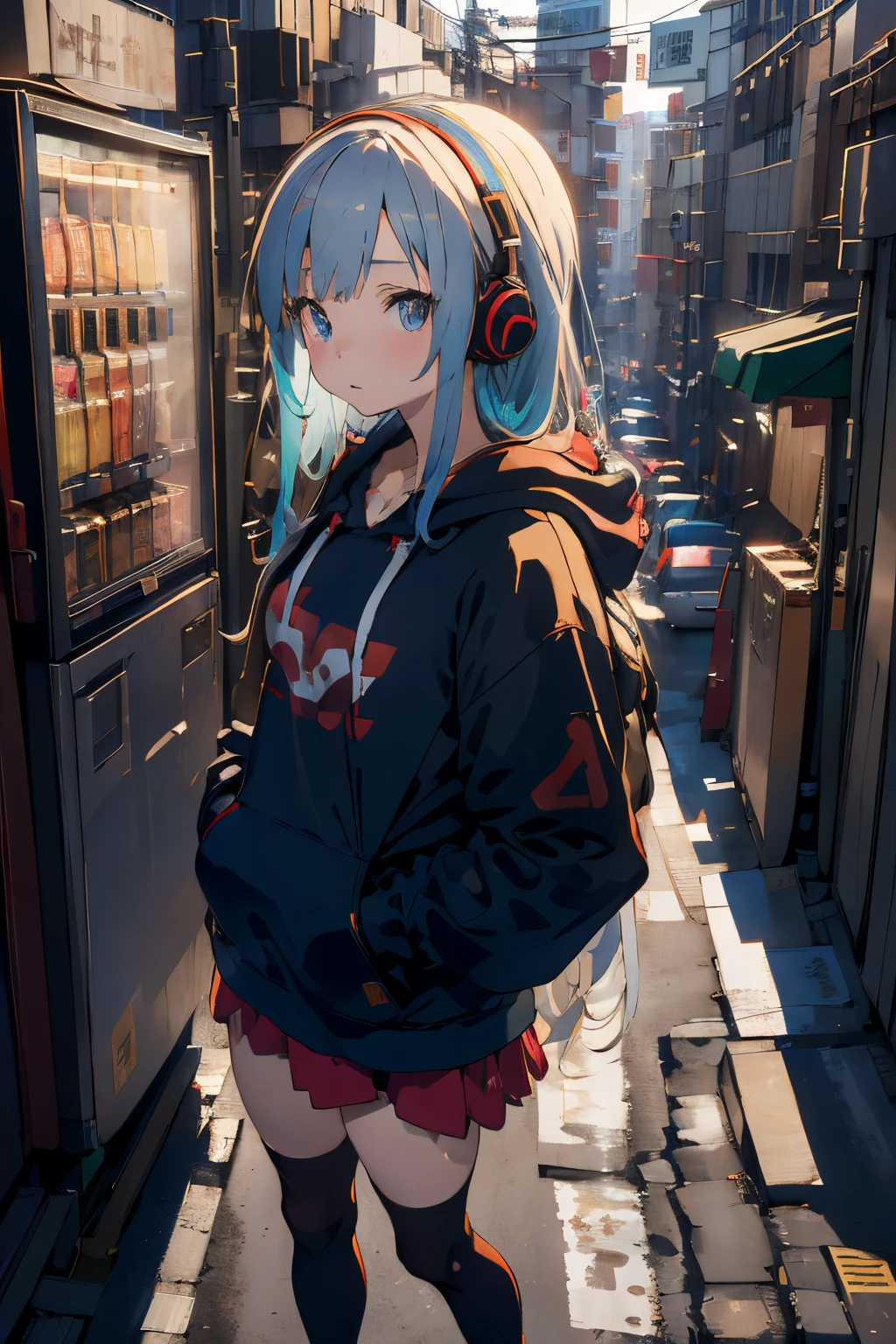 Shibuya, Back alley, vending machine on the background, wearing a hoodie on his head, From above, (8K, Raw photo, Best Quality, masutepiece:1.2), A girl in her 20s with headphones around her neck