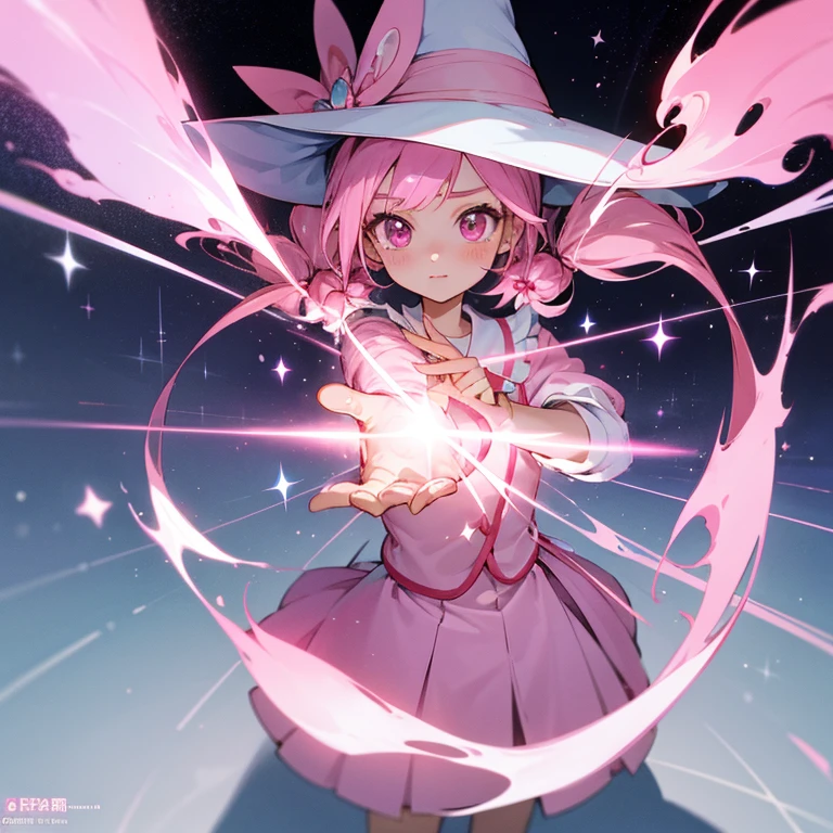 human girl,ars,独奏,long twintail,Pink hair,Big pink eyes,Sparkling eyes,校服,pink blazer,Genki,pure,Frolic,animesque,long skirt,White Witch,pink there,uses magic,childish,cute little,European style,kirakira,bow ribbon,Precure,Pink Witch Hat,Forward-facing,high-level image quality,hightquality,starrysky,optic,No logo