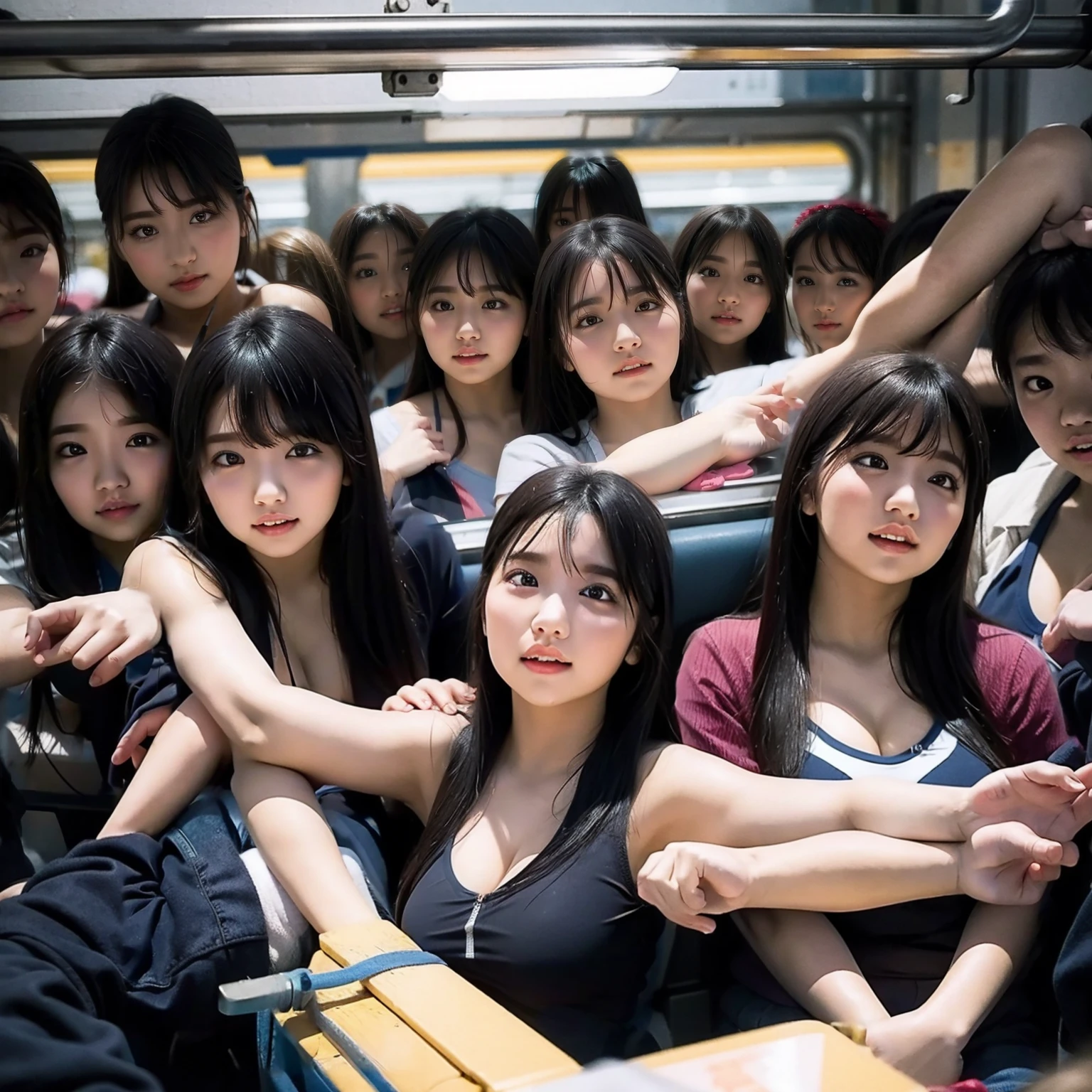 An ultra-high picture quality、realistic、Crowded train with only high school girls　Japanese high school girl　Angle from below　in group photograph　5000 High School Girls　Surrounded by many high school girls　Being looked down upon by many high school girls　A lot of high school girls are wrestling　One person is mobbed by a large group of high school girls　Thousands of schoolgirls,10,000 high school girls、Thousands of schoolgirls are watching us、ultra-detailliert、Realistic、Crowded train full of high school girls、Lots of schoolgirls in blazers、full house、Tens of thousands of schoolgirls　Being looked down upon by everyone