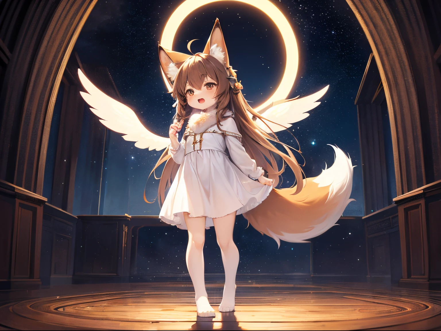 masterpiece, highres, detailed, extremely detailed face, ((furry)), 1girl, (child), (loli), fox ears, fox tail, open mouth, brown long hair, white dress, angel wings, halo, standing, (solo), (full body), starry sky, sky, stars,
