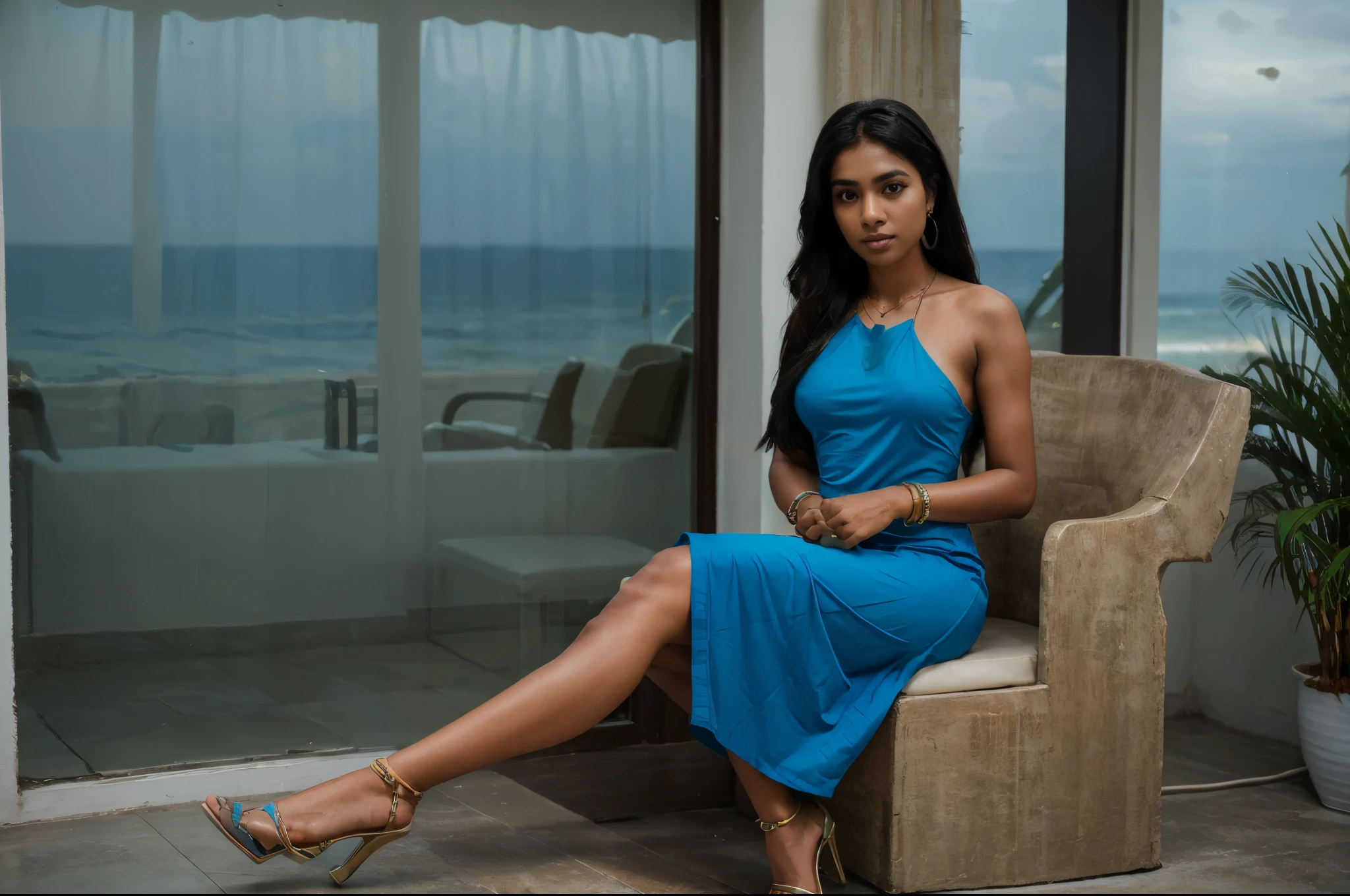 (Full body portrait:1.4), RAW UHD portrait full body photo of a 22-year-old Sri Lankan woman named Kasuni, long dark hair, dark skin, black eyes, athletic feminine features, abs, DSLR, ultra quality, sharp focus, tack sharp, photorealistic, detailed skin pores, detailed hands, detailed face, oiled skin, intricate eye detail, ((sitting in a prestige throne, beach hotel window indoor background)), (( electric blue Dress, high heels, earrings, necklace, colorful bangles,)), natural sunset evening lighting.