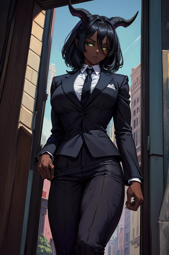 (Masterpiece) (High Detail) (High Res) (Black Skin) Looking from below A young teenage black humanoid FutEred with dark skin and ebony flesh and green eyes and short black hair and goat ears and short dark goat horns and a toned teen body and average breasts wearing a formal suit and tie with a purple shirt