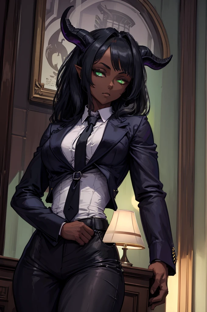 (Masterpiece) (High Detail) (High Res) (Black Skin) Looking from below A young teenage black humanoid FutEred with dark skin and ebony flesh and green eyes and short black hair and goat ears and short dark goat horns and a toned teen body and average breasts wearing a formal suit and tie with a purple shirt