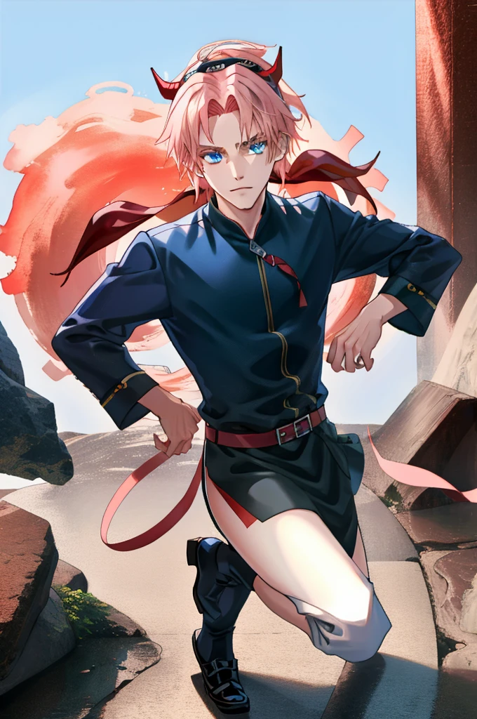 coral pink hair color　Hair length medium　Blue eyes　Beautiful foreign-looking young man　maroon tuxedo　Wushu stance　Demon horns are growing　Anime style　kawaii