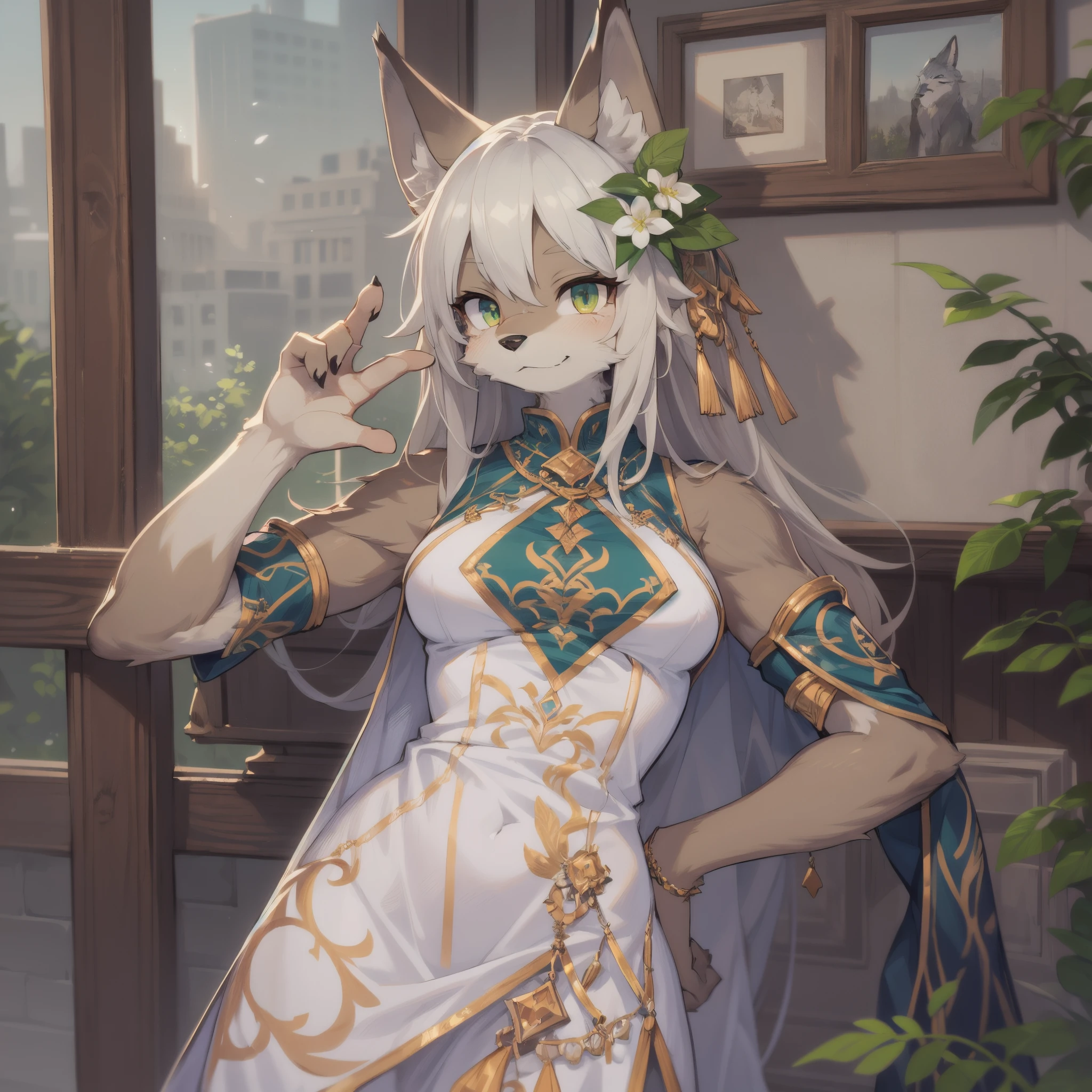 arafed woman in a white dress with green and gold accents, furry,white wolf, scar,handsome, (High Resolution),masterpiece, 8k, nj5furry,masterpiece, best quality, perfect anatomy, bright eyes, detailed background,nj5furry,Rich colors