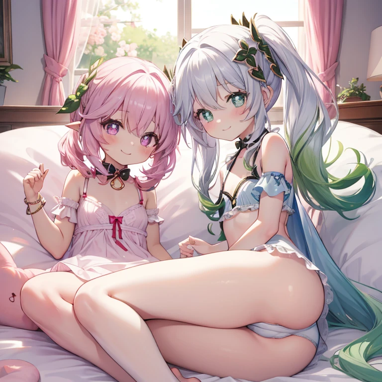 Best Quality, top-quality、(cute petit girl:1.3),Beautiful pink eyes、flat chest、Lori、(Cuteness beyond limits)、Shining thighs、((Cute smile))、tied up with a collar、Cute lingerie、Show your ass