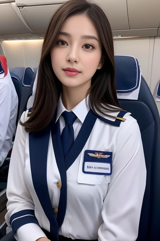 Top Quality, Masterpiece, 8K, Ultra High Definition, (Photorealistic: 1.4), 1 Girl, Beautiful Face, Symmetrical Eyes, Big, Perfect Body Proportions, Stewardess Uniform, Viewer's Look, (Inside the Airplane: 1.2), Front View, Shoulder Jump, Absolute Area (1.3),