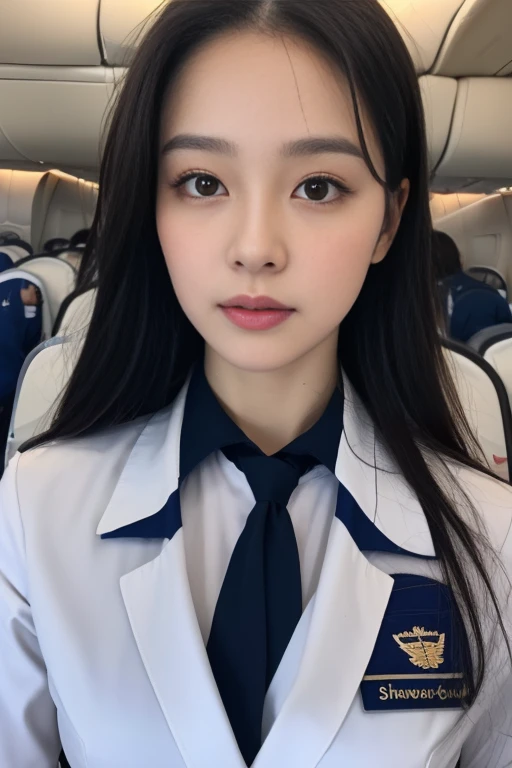 Top Quality, Masterpiece, 8K, Ultra High Definition, (Photorealistic: 1.4), 1 Girl, Beautiful Face, Symmetrical Eyes, Big, Perfect Body Proportions, Stewardess Uniform, Viewer's Look, (Inside the Airplane: 1.2), Front View, Shoulder Jump, Absolute Area (1.3),