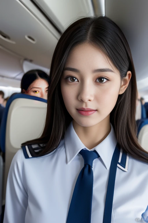 Top Quality, Masterpiece, 8K, Ultra High Definition, (Photorealistic: 1.4), 1 Girl, Beautiful Face, Symmetrical Eyes, Big, Perfect Body Proportions, Stewardess Uniform, Viewer's Look, (Inside the Airplane: 1.2), Front View, Shoulder Jump, Absolute Area (1.3),