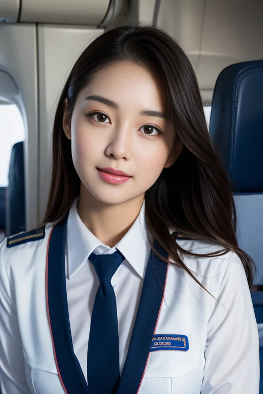 Top Quality, Masterpiece, 8K, Ultra High Definition, (Photorealistic: 1.4), 1 Girl, Beautiful Face, Symmetrical Eyes, Big, Perfect Body Proportions, Stewardess Uniform, Viewer's Look, (Inside the Airplane: 1.2), Front View, Shoulder Jump, Absolute Area (1.3),