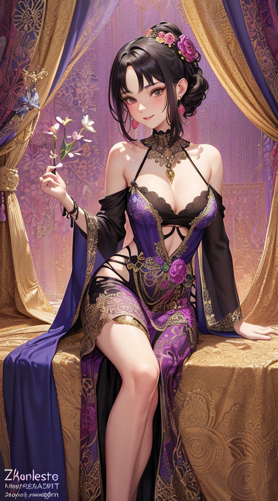A female with medium breasts, slim body, tempting body, nice bare leg, bare arm, cleavage, bare shoulders, black medium short hair, silk bed, silk mattres, soft bed, silk ornament, night lighting, flowers hair piece, feathers, particles, light rays, (masterpiece, top quality, best quality, official art, beautiful and aesthetic:1.2), (1girl:1.3), extremely detailed,(fractal art:1.1),(colorful:1.1)(flowers:1.3), highest detailed,(zentangle:1.2), (sexy sit pose), (curtain background:1.3), (shiny skin), (many colors:1.4), (earrings:1.4), (tight short dress:1.2), (shiny skin), (many colors:1.4), (earrings:1.4), sexy eyes, innocent, smile, sweet, beautiful, attractive body, gorgeus, pink blush, waiting on bed.