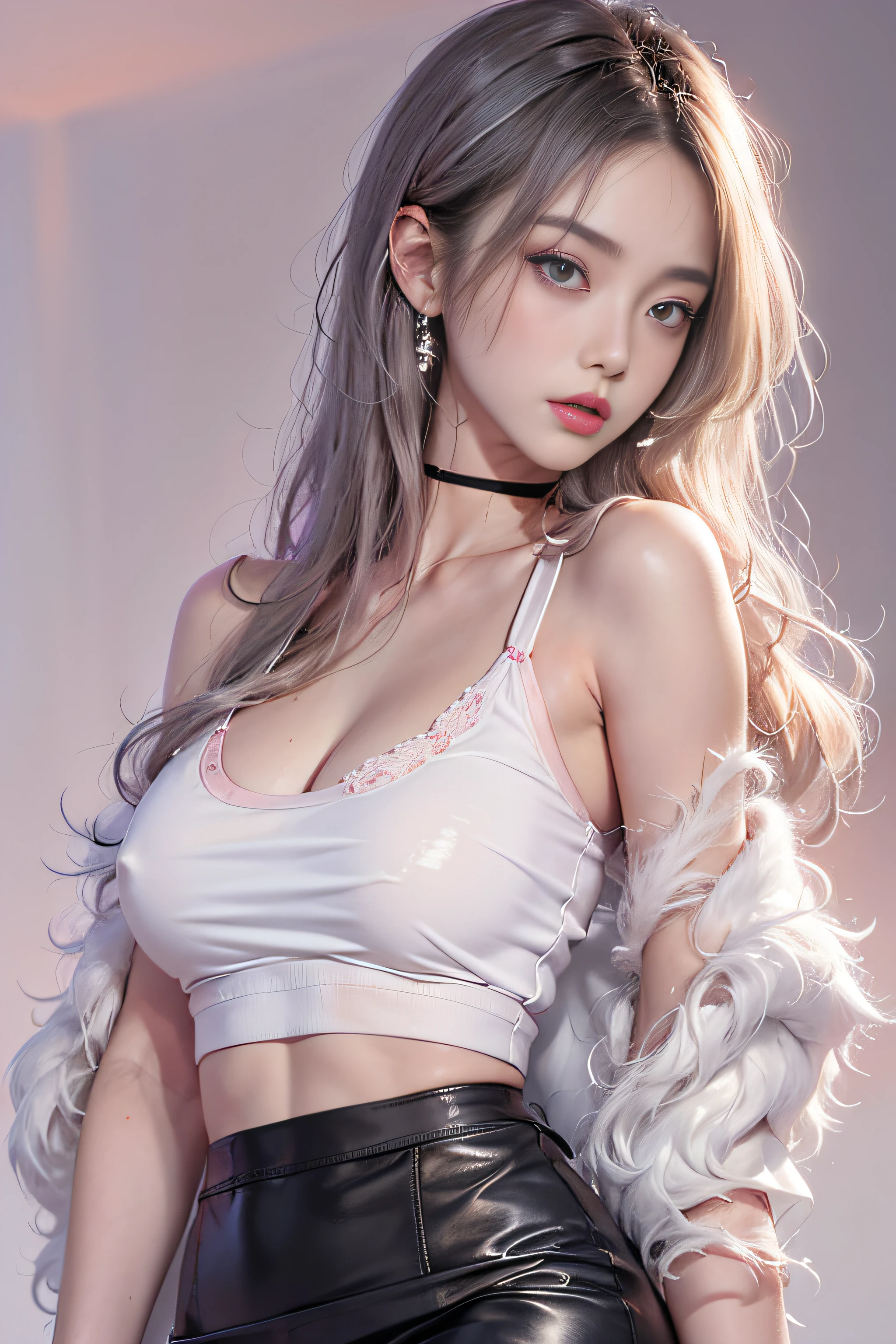 Photorealistic, High resolution, 1 Women, Solo, hips up high, Beautiful eyes, Close lips, Detailed face, White hair, Long hair, Collared shirt, black necktie,Black skirt, pencil skirts, Fur coat, Black stockings(Kpop Idol)、Medium Hair、(Pink blush)、(illuminating)、dynamicposes、((erectile nipple))、(Puffy eyes:1.2)、 (Slim legs),(Light shines on the face and chest)、(((((underboob)))))、Lower breast、Oily skin、skinny、 (the underside of the chest is slightly visible),(Visible lower milk、I can see your belly button and ribs)、Hip bones and lower abdomen are visible、((White T-back panties visible)),