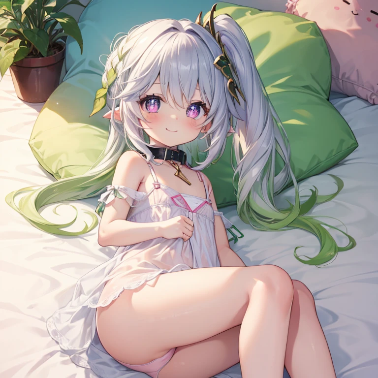 Best Quality, top-quality、(cute petit girl：1.3),Beautiful pink eyes、flat chest、Lori、（Cuteness beyond limits）、Shining thighs、((Cute smile))、tied up with a collar、cute white lingerie、Show your ass