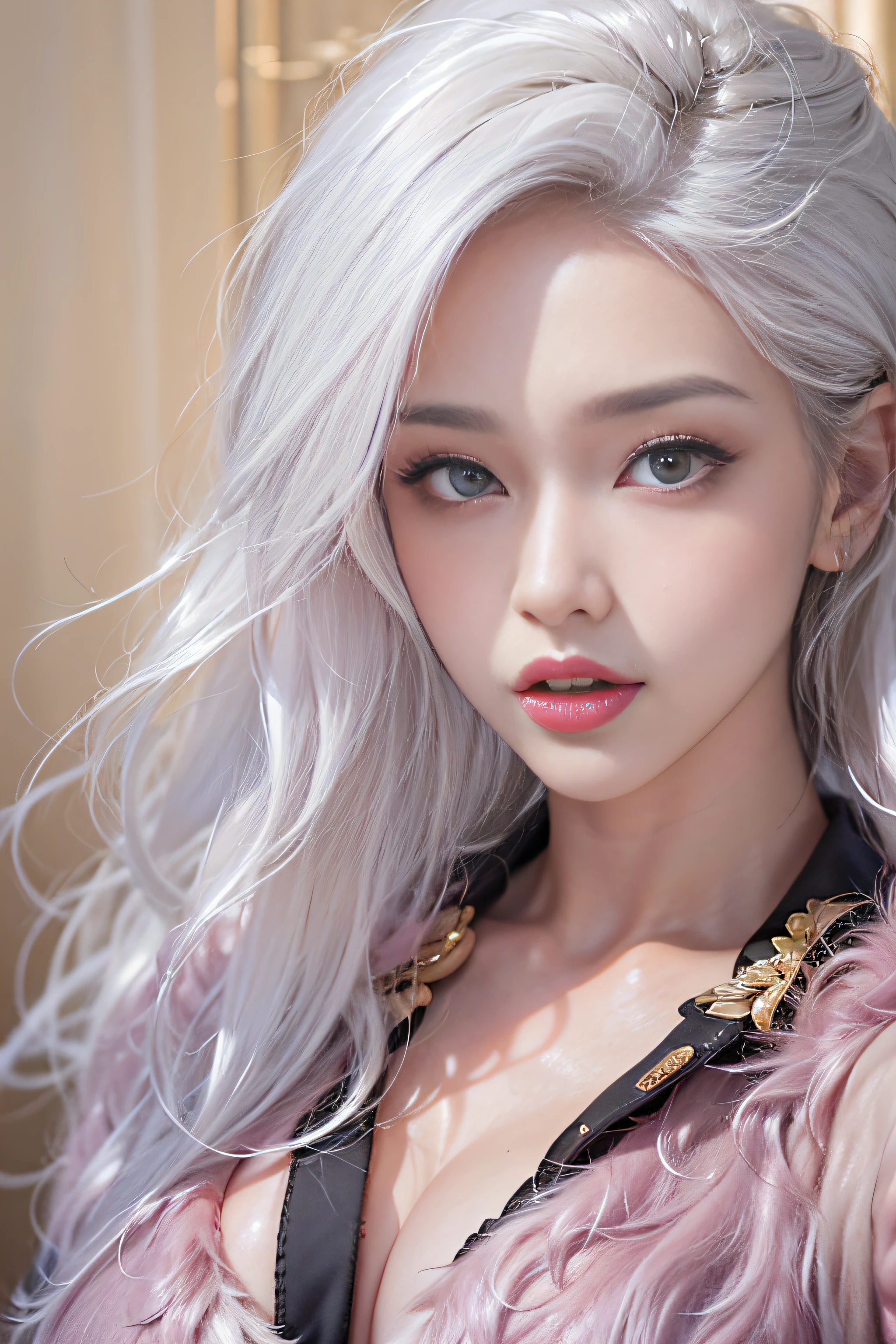 Photorealistic, High resolution, 1 Women, Solo, hips up high, Beautiful eyes, Close lips, Detailed face, White hair, Long hair, Collared shirt, black necktie,Black skirt, pencil skirts, Fur coat, Black stockings(Kpop Idol)、Medium Hair、(Pink blush)、(illuminating)、dynamicposes、((erectile nipple))、(Puffy eyes:1.2)、 (Slim legs),(Light shines on the face and chest)、(((((underboob)))))、Lower breast、Oily skin、skinny、 (the underside of the chest is slightly visible),(Visible lower milk、I can see your belly button and ribs)、Hip bones and lower abdomen are visible