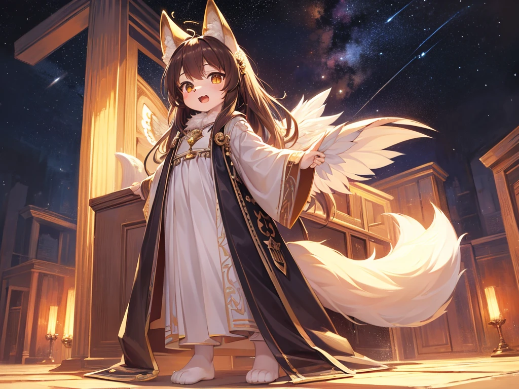 masterpiece, highres, detailed, extremely detailed face, ((furry)), 1girl, (), (loli)fox ears, fox tail, open mouth, brown long hair, white dress, angel wings, halo, standing, (solo), (full body), starry sky, sky, stars,