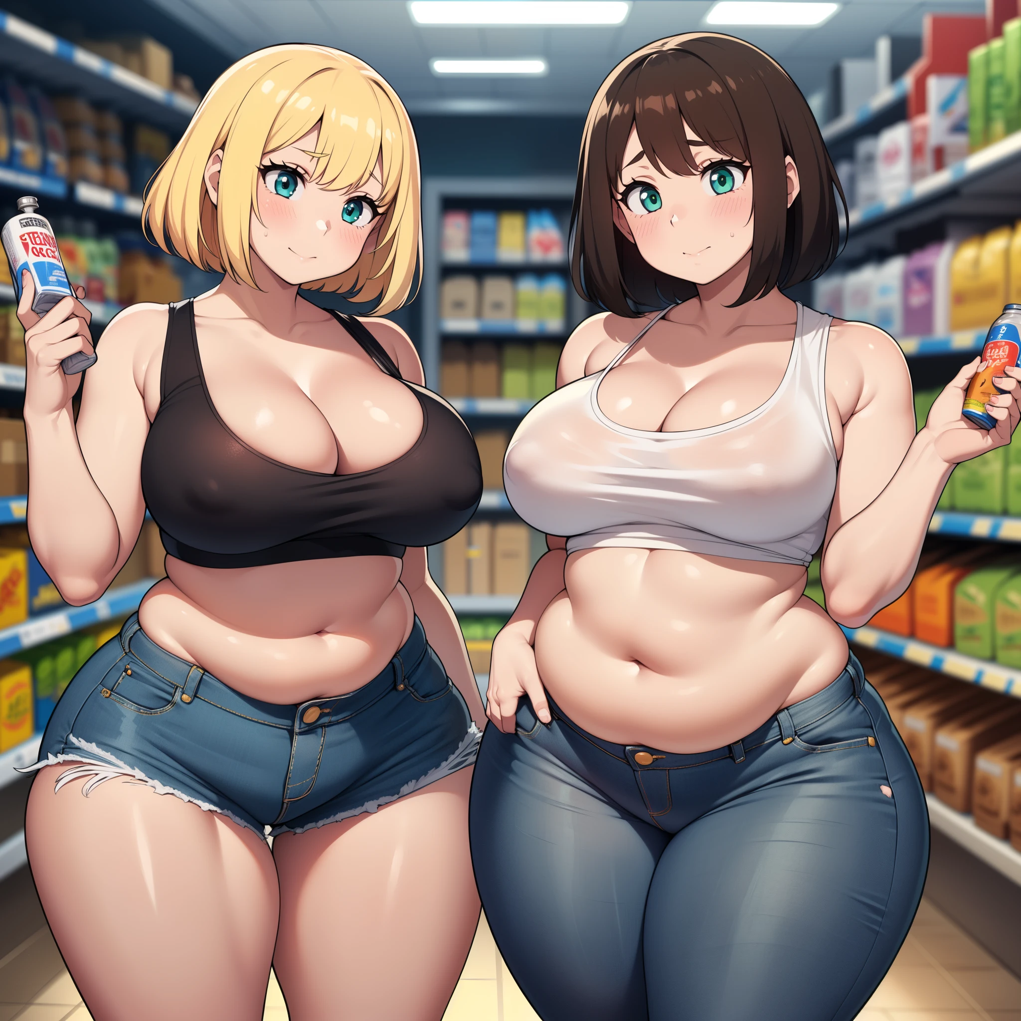 ((high res)), (Masterpiece), perfect anatomy, perfect shading, field of depth, (best quality), extremely delicate and beautiful, perfect lighting, detailed face, ultra cute face, cute, (cowboy shot 1.2), full body, (((2girls))), ((2 girls 1 and 2))

Girl 1: has long hair, fluffy hair, blonde hair, blue eyes, (blush), embarrassed, (crop top 1.2), (jean shorts 1.2), extremely tight clothes, medium breasts, cleavage, perky breasts, ((wide hips)), (thick thighs), (chubby), pudgy belly, fat rolls, belly hang,

Girl 2: has short hair, fluffy hair, brown hair, green eyes, pale skin, (blush), (white tank top 1.2), (jeans 1.2), extremely tight clothes, medium breasts, cleavage, perky breasts, (((wide hips))), ((thick thighs)), (plump), chubby belly, fat rolls, belly hang, she has a jiggly belly,

grocery store, intricate background, detailed background, girls are standing next to each other,