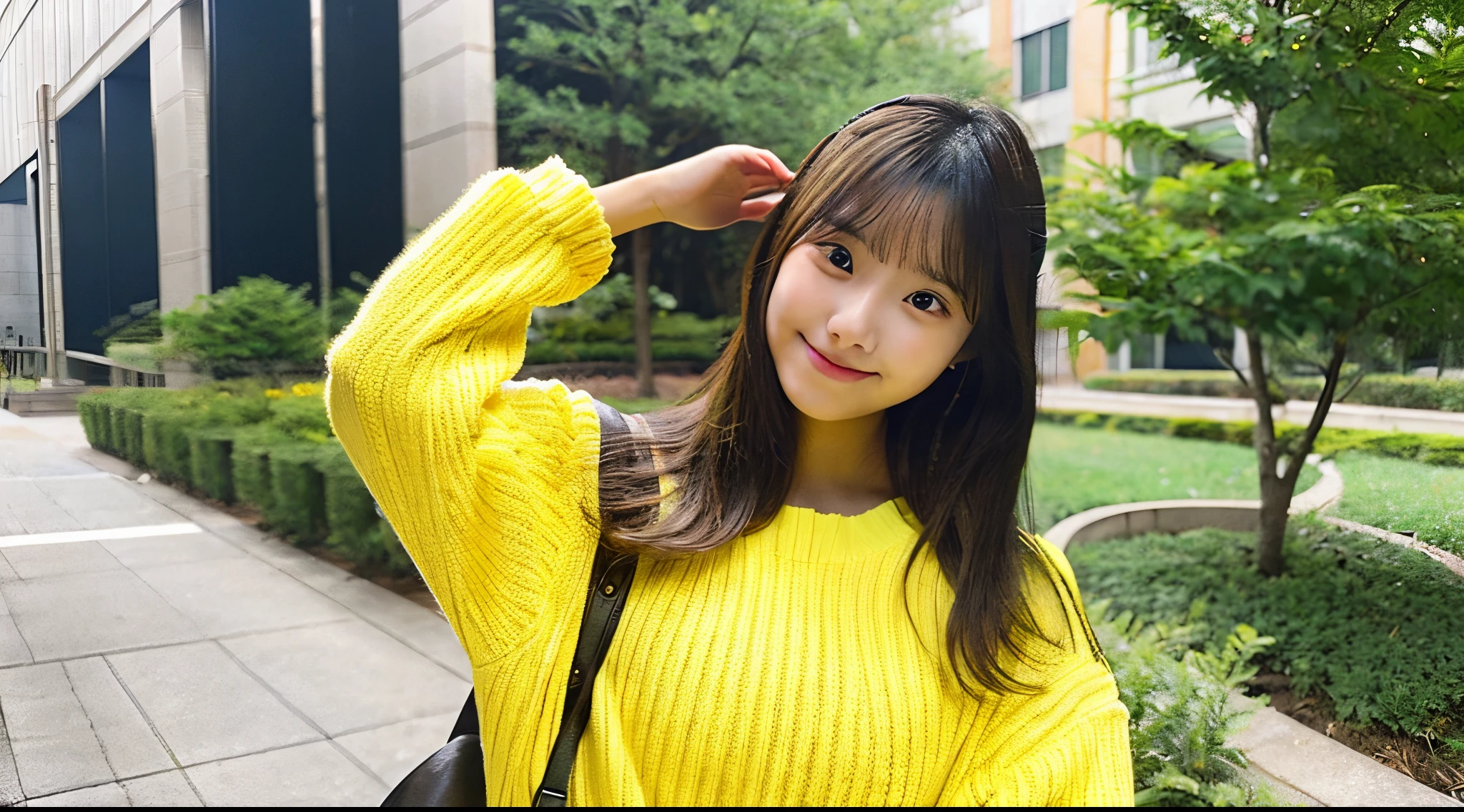 Cute female college student, 18 years old, wearing a yellow miniskirt
