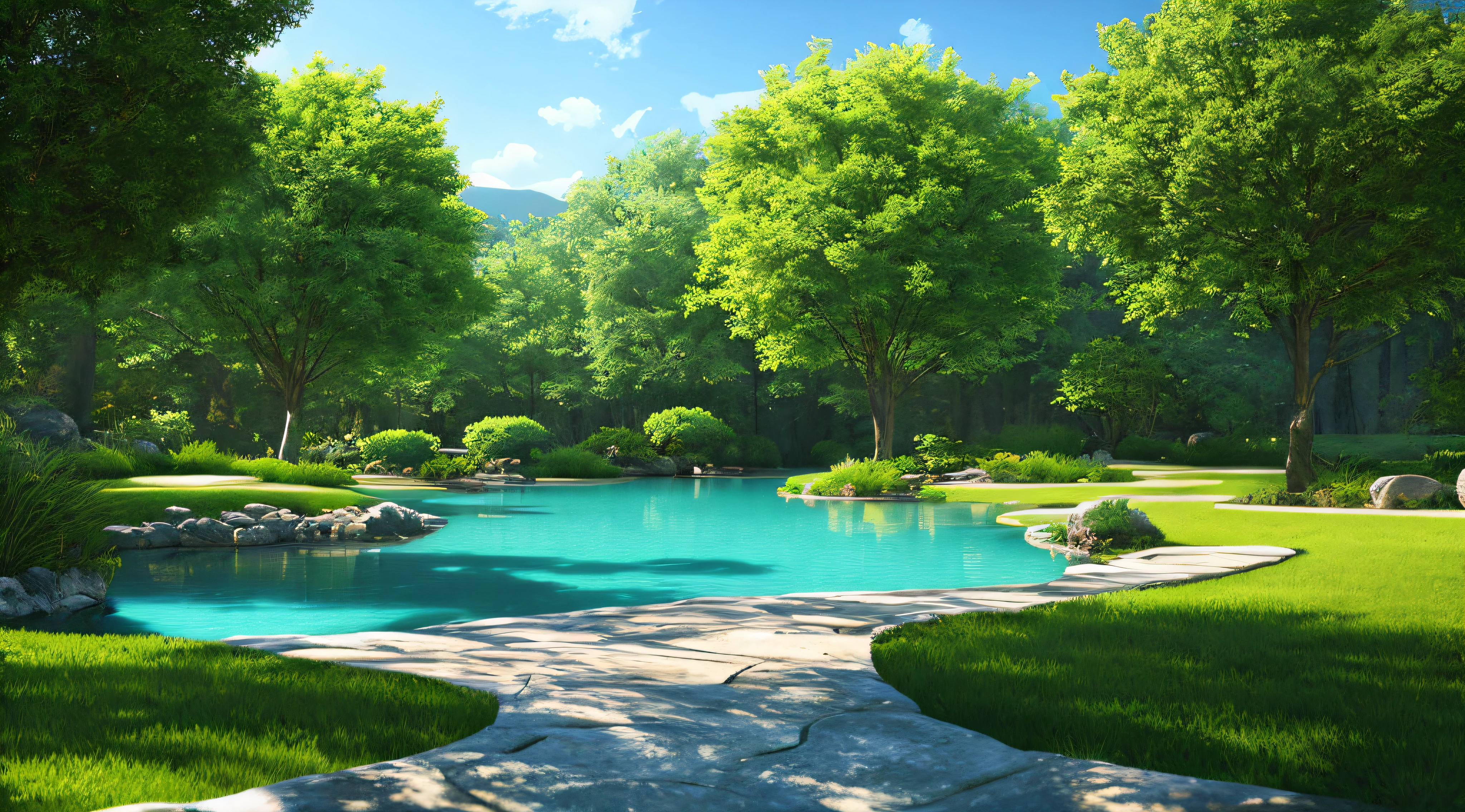 A serene place, very pleasant, beautiful, calm and beautifully landscaped. photorealistic, 8k uhd, studio quality, ultra realistic, maximum detail, large scale, postprocessing, photorealistic, photorealistic, photoshop, photography, detailed, cinematic lighting, landscape, panorama, scenery, ray tracing, cinema4d