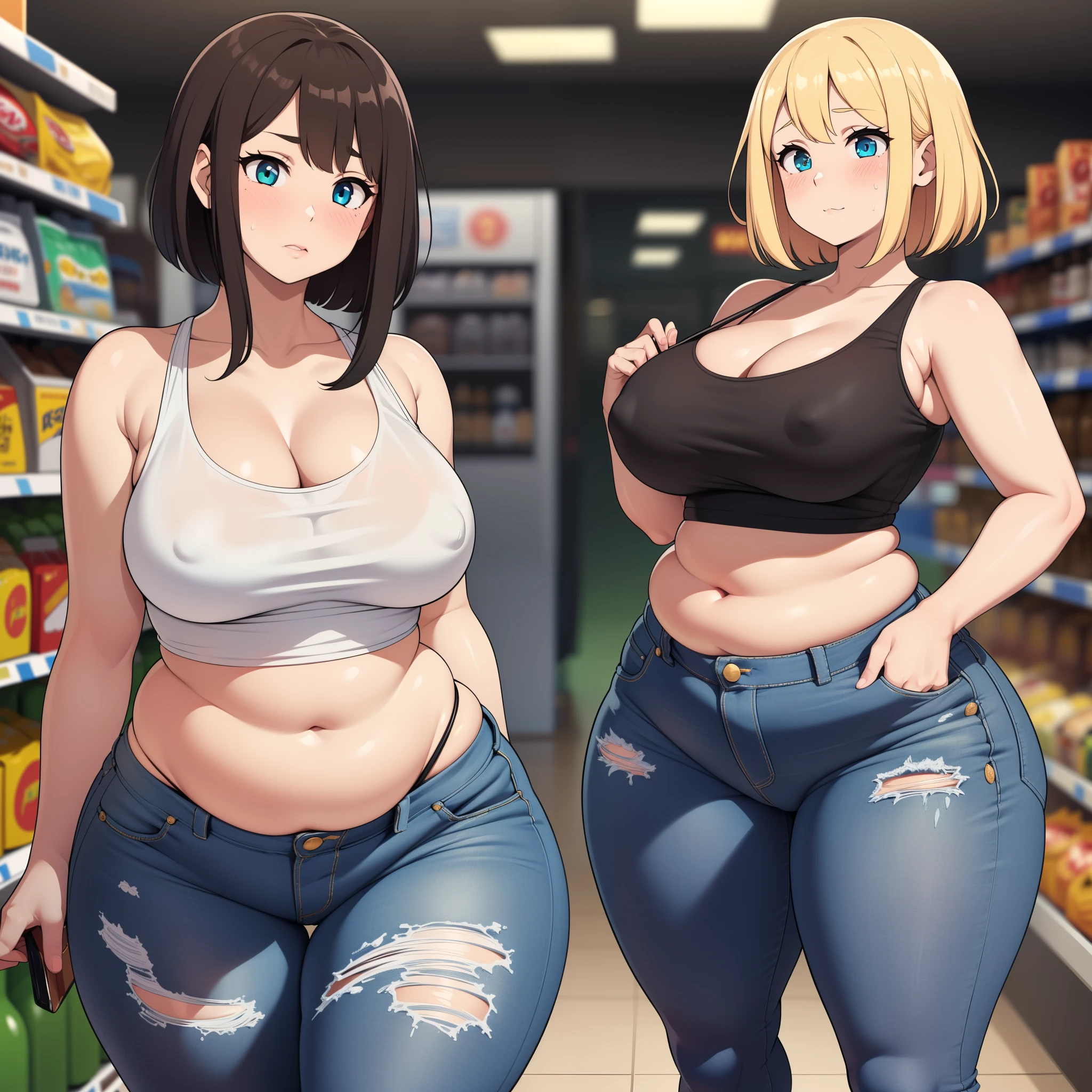 ((high res)), (Masterpiece), perfect anatomy, perfect shading, field of depth, (best quality), extremely delicate and beautiful, perfect lighting, detailed face, ultra cute face, cute, (cowboy shot 1.2), full body, (((2girls))), ((2 girls 1 and 2))
Girl 1: has long hair, fluffy hair, blonde hair, blue eyes, (blush), embarrassed, (crop top 1.2), (jean shorts 1.2), extremely tight clothes, medium breasts, cleavage, perky breasts, ((wide hips)), (thick thighs), (chubby), pudgy belly, fat rolls, belly hang,
Girl 2: has short hair, fluffy hair, brown hair, green eyes, pale skin, (blush), (white tank top 1.2), (jeans 1.2), extremely tight clothes, medium breasts, cleavage, perky breasts, (((wide hips))), ((thick thighs)), (plump), chubby belly, fat rolls, belly hang, she has a jiggly belly,
grocery store, intricate background, detailed background, girls are standing next to each other,