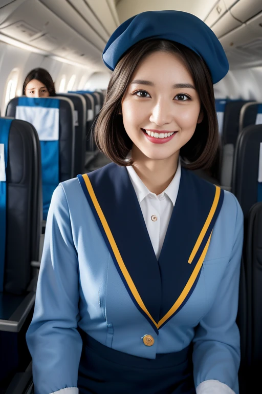 one Japanese woman, Solo, 30-years old, hyperdetailed face, Detailed lips, A detailed eye, Double eyelid both eyes, fluffy brown eyes, (Black bob hair, Like an airplane stewardess, Do a good job), (Like an airplane stewardess:1.2), (Do a good job:1.2), (Dark blue one-color stewardess uniform:1.4), (Wear a small cute little stewardess hat:1.2), (Modest smile:1.2), Perfect image realism, Background with: (Business Class aisle on airplanes:1.2), Meticulous background, detailed costume, Perfect litthing, Hyper-Realism, (Photorealistic:1.4), 8K maximum resolution, (​masterpiece), Highly detailed, Professional