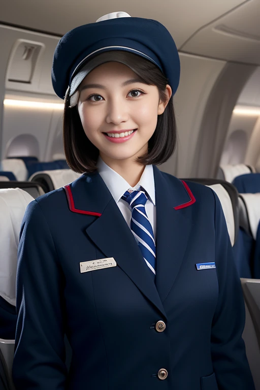 one Japanese woman, Solo, 30-years old, hyperdetailed face, Detailed lips, A detailed eye, Double eyelid both eyes, fluffy brown eyes, (Black bob hair, Like an airplane stewardess, Do a good job), (Like an airplane stewardess:1.2), (Do a good job:1.2), (Dark blue one-color stewardess uniform:1.4), (Wear a small cute little stewardess hat:1.2), (Modest smile:1.2), Perfect image realism, Background with: (Business Class aisle on airplanes:1.2), Meticulous background, detailed costume, Perfect litthing, Hyper-Realism, (Photorealistic:1.4), 8K maximum resolution, (masterpiece), Highly detailed, Professional
