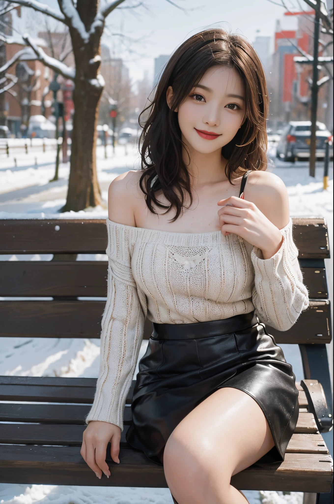 (best quality,4k,8k,highres,masterpiece:1.2),ultra-detailed,realistic:1.37,portrait,beautiful girl,youthful female model,sweet girl,white one-shoulder off-shoulder sweater,black short leather skirt,black knee-high boots,winter,snowing,masterpiece,extremely detailed description,super fine painting,exquisite face,slim figure,long legs,smile,radiant smile. Sitting on a park bench