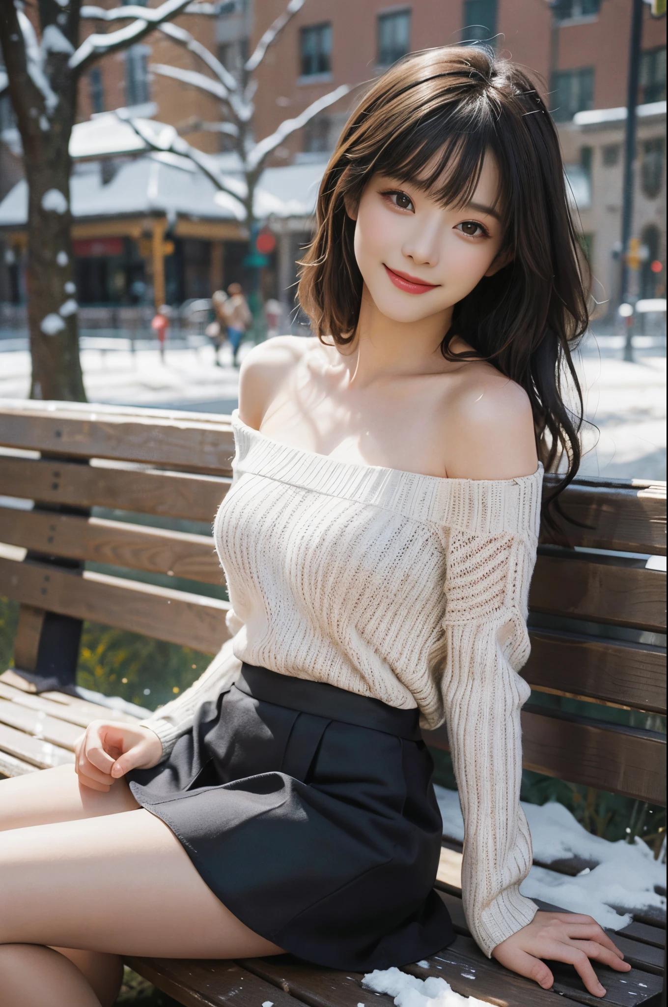 (best quality,4k,8k,highres,masterpiece:1.2),ultra-detailed,realistic:1.37,portrait,beautiful girl,youthful female model,sweet girl,white one-shoulder off-shoulder sweater,black short leather skirt,black knee-high boots,winter,snowing,masterpiece,extremely detailed description,super fine painting,exquisite face,slim figure,long legs,smile,radiant smile. Sitting on a park bench
