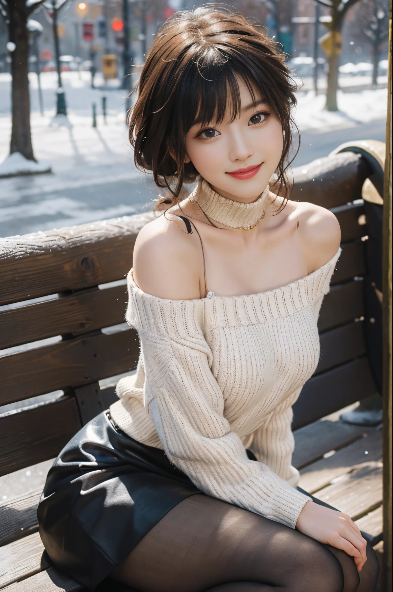 (best quality,4k,8k,highres,masterpiece:1.2),ultra-detailed,realistic:1.37,portrait,beautiful girl,youthful female model,sweet girl,white one-shoulder off-shoulder sweater,black short leather skirt,black knee-high boots,winter,snowing,masterpiece,extremely detailed description,super fine painting,exquisite face,slim figure,long legs,smile,radiant smile. Sitting on a park bench