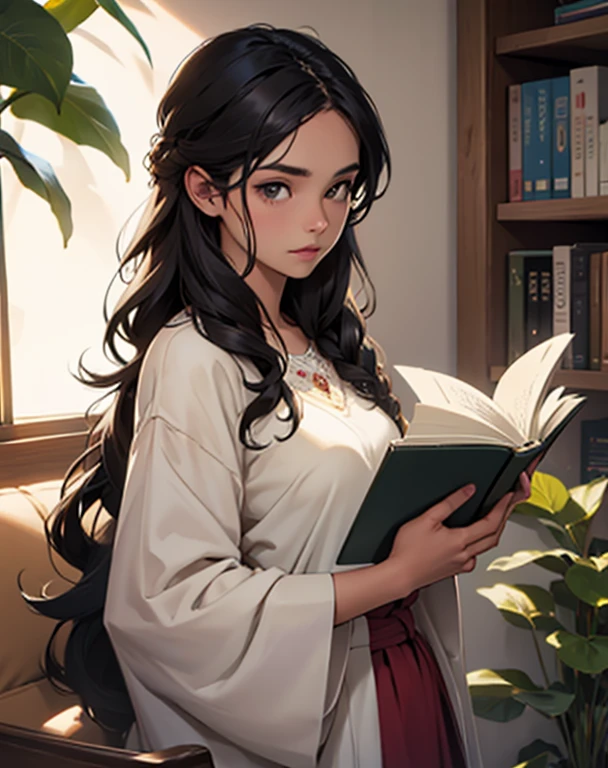 Una hermosa joven con cabello largo y rizado, Sentado leyendo un libro en el porche