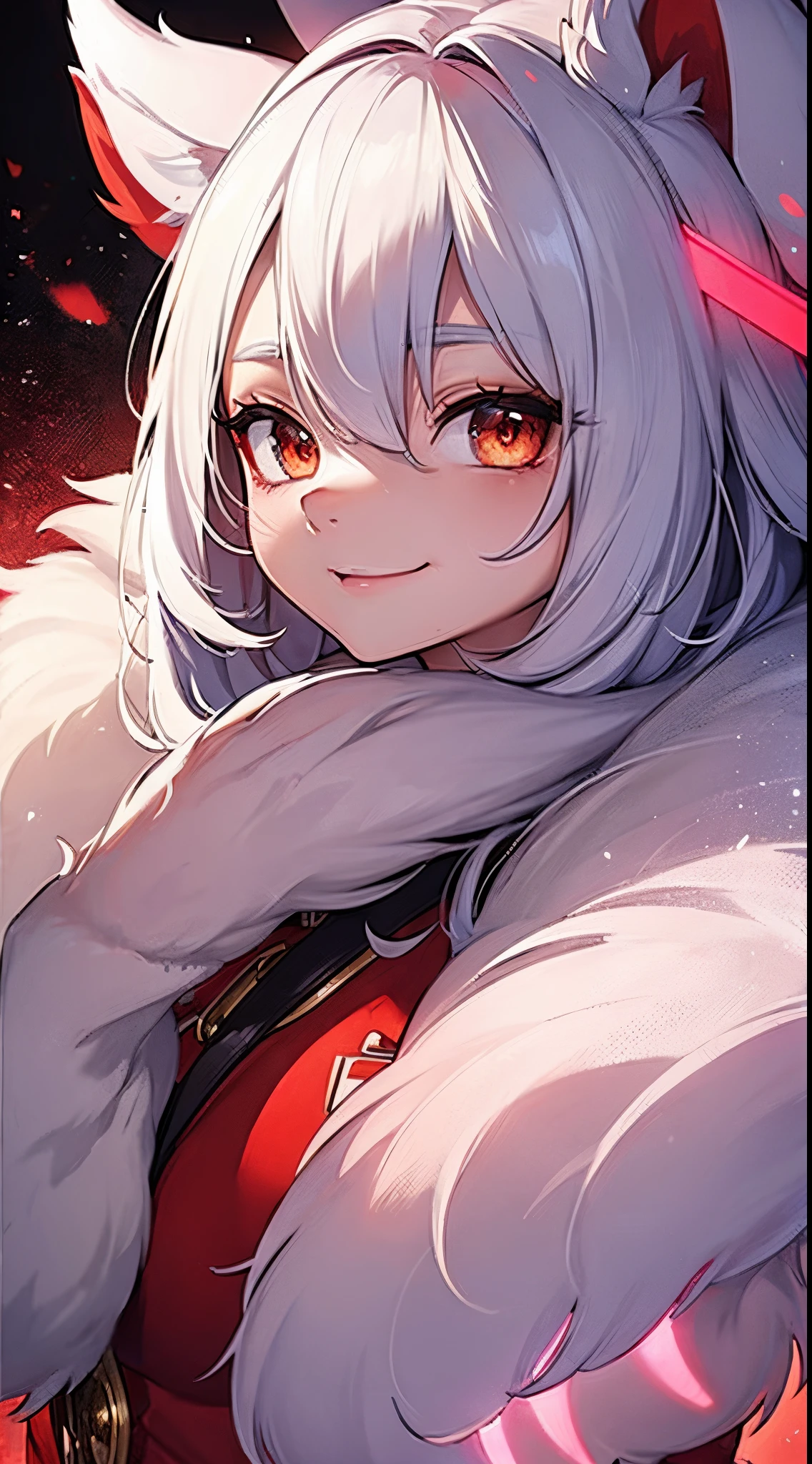 furry, white fur, ultra cute face, red elements on fur, glowing t-shrt, beautiful lights and shadows, ambient light, ultra detailed fur, volumetric light