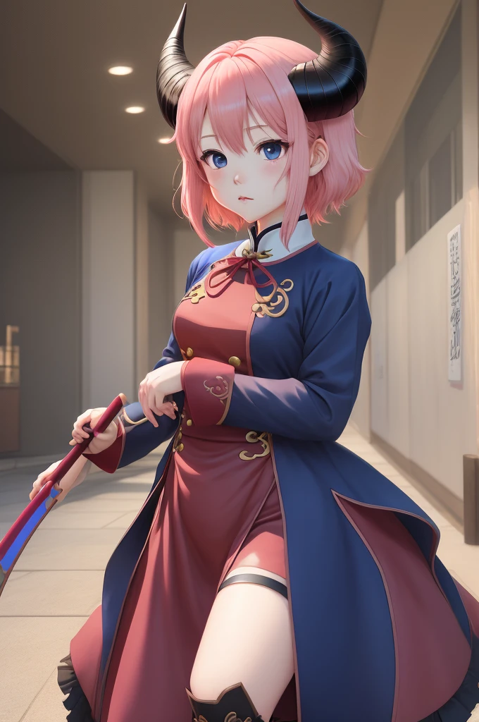 coral pink hair color Hair length medium Blue eyes Beautiful youth maroon tuxedo Wushu stance Demon horns are growing Anime style kawaii Gentle