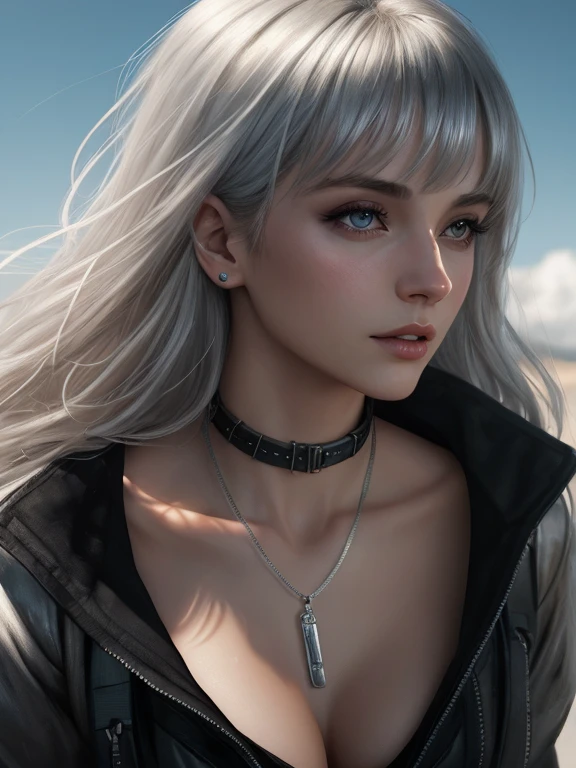 best quality, ultra realistic cg, by NICOLAS DELORT and Andreas Vesalius, a young woman in a silver leash, bangs, beautiful eyes, skinny, isometric, sci-fi, erotic, cleavage, highly detailed, short silver blonde hair flowing with wind, close-up portrait, ultra high resolution, 8k render, V-Ray rendering, 1boy, 1penis, pov