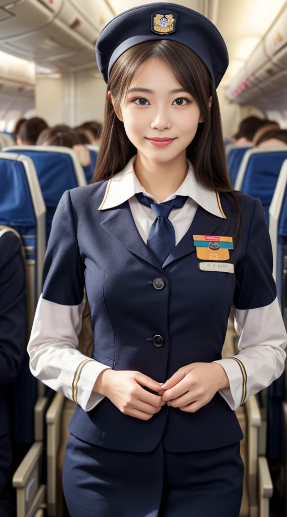 one japanese woman, Solo, 30-years old, hyperdetailed face, Detailed lips, A detailed eye, Double eyelid eyes, fluffy brown eyes, (Black bob hair, Like an airplane stewardess, Do a good job), (Like an airplane stewardess:1.2), (Do a good job:1.2), (Navy single color stewardess uniform:1.4), (Please wear a small and cute stewardess hat:1.2), (discret smile:1.2), Perfect image realism, Background with: (Business Class aisle on airplanes:1.2), Meticulous background, detailed costume, Perfect litthing, Hyper-Realism, (Photorealistic:1.4), 8K maximum resolution, (masterpiece), Highly detailed, Professional