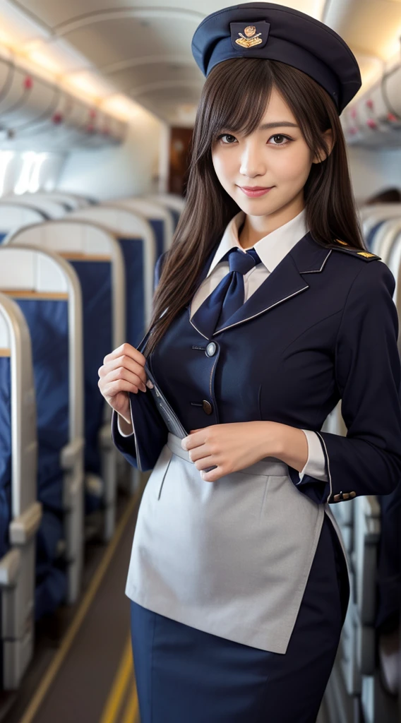 one japanese woman, Solo, 30-years old, hyperdetailed face, Detailed lips, A detailed eye, Double eyelid eyes, fluffy brown eyes, (Black bob hair, Like an airplane stewardess, Do a good job), (Like an airplane stewardess:1.2), (Do a good job:1.2), (Navy single color stewardess uniform:1.4), (Please wear a small and cute stewardess hat:1.2), (discret smile:1.2), Perfect image realism, Background with: (Business Class aisle on airplanes:1.2), Meticulous background, detailed costume, Perfect litthing, Hyper-Realism, (Photorealistic:1.4), 8K maximum resolution, (masterpiece), Highly detailed, Professional