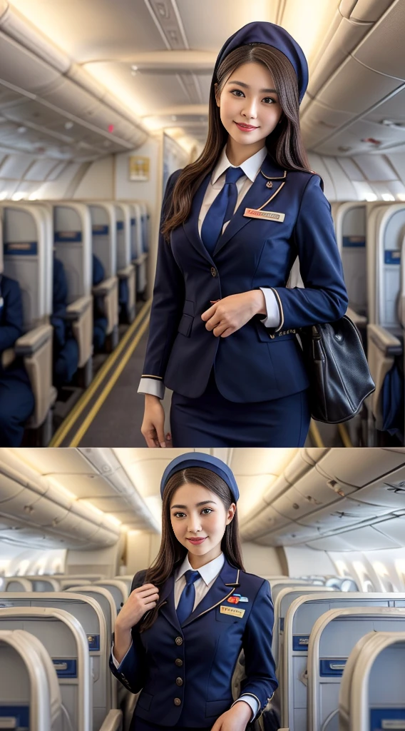 one japanese woman, Solo, 30-years old, hyperdetailed face, Detailed lips, A detailed eye, Double eyelid eyes, fluffy brown eyes, (Black bob hair, Like an airplane stewardess, Do a good job), (Like an airplane stewardess:1.2), (Do a good job:1.2), (Navy single color stewardess uniform:1.4), (Please wear a small and cute stewardess hat:1.2), (discret smile:1.2), Perfect image realism, Background with: (Business Class aisle on airplanes:1.2), Meticulous background, detailed costume, Perfect litthing, Hyper-Realism, (Photorealistic:1.4), 8K maximum resolution, (​masterpiece), Highly detailed, Professional