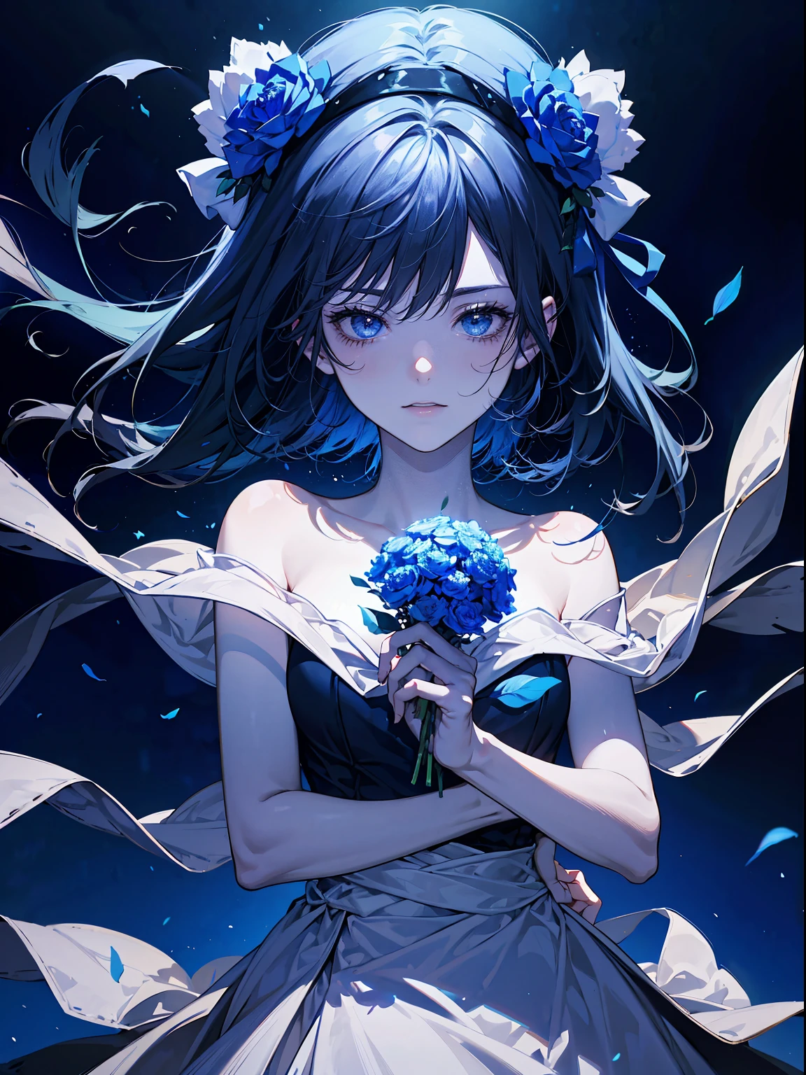 woman holding a flower in her hand, Unearthly Shot, with frozen flowers around her, still from a music video, Beautiful cinematography, arthouse cinema aesthetics, extremely moody blue lighting, Dreamy atmosphere and drama, screenshots of Terrence Malick, Holding the magic color in your hands, creepy cinematography by David Lynch, filmstill, holding flowers, Roses in cinematic light.