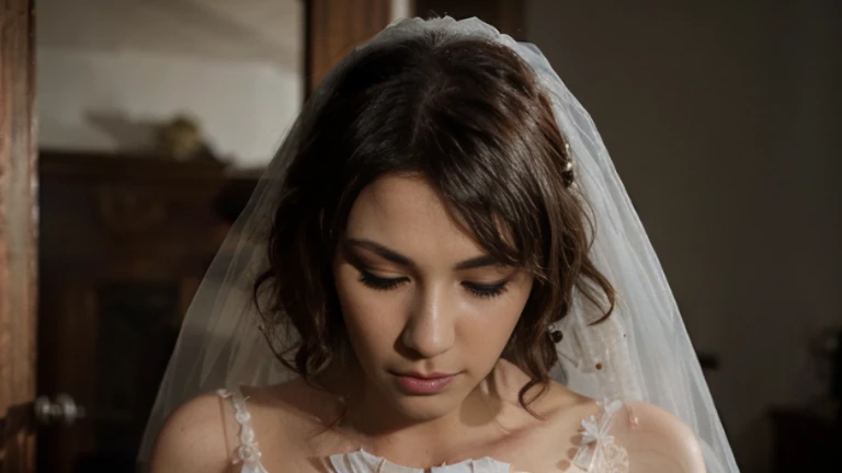 black skin woman looking confused, closed eyes, curly hair, bride, centered, with wedding dress