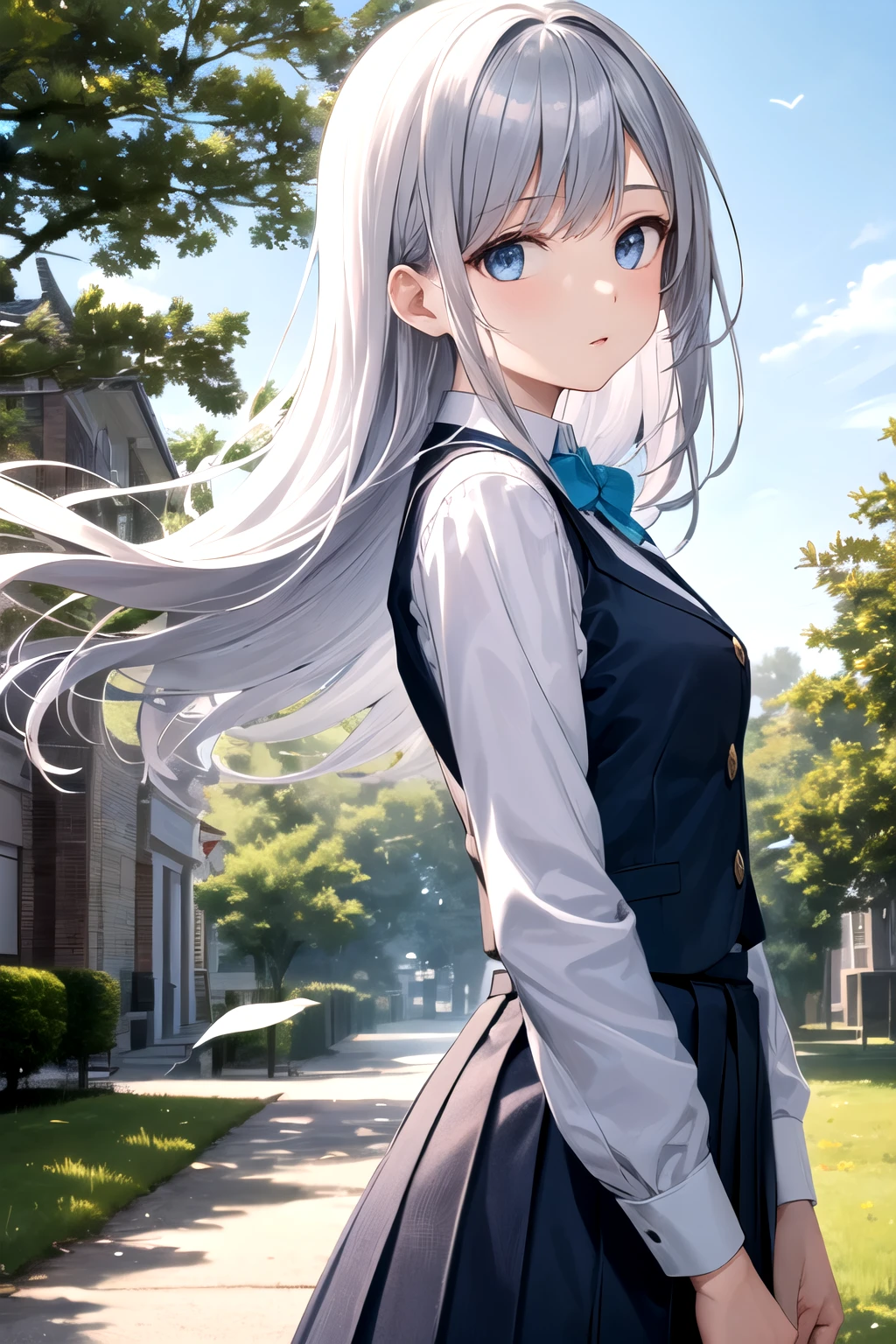 solo girl, 20 years old, from side, looking at viewer, long hair, silver hair, light blue eyes, medium breasts, long sleeves shirt, vest, pleated skirt, bowtie, dark blue clothes, outdoors, flowing wind, tree, blue sky, Best Quality, High resolution, Extremely detailed, Detailed background, Perfect Lighting