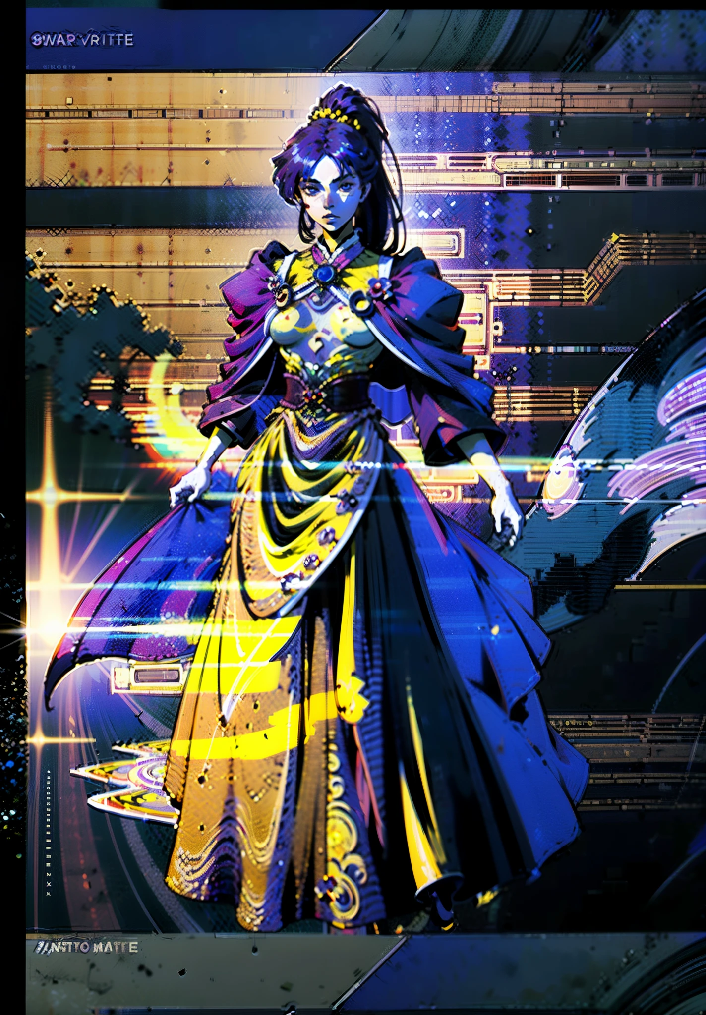 A beautiful young woman, long blue-purple hair, long bangs, ponytail, sharp gaze, a serious expression, a slender and athletic figure, a fantasy martial arts-style two-piece outfit, a fitted qipao-style long skirt, a blue-purple long cloak that almost covers her entire body, adorning her chest is an exquisite jade decorative brooch, purple mist swirls around her, a mysterious atmosphere, this character embodies a finely crafted fantasy martial arts-style female warrior in anime style, exquisite and mature manga art style, high definition, best quality, highres, ultra-detailed, ultra-fine painting, extremely delicate, professional, anatomically correct, symmetrical face, extremely detailed eyes and face, high quality eyes, creativity, RAW photo, UHD, 8k, Natural light, cinematic lighting, masterpiece-anatomy-perfect, masterpiece:1.5