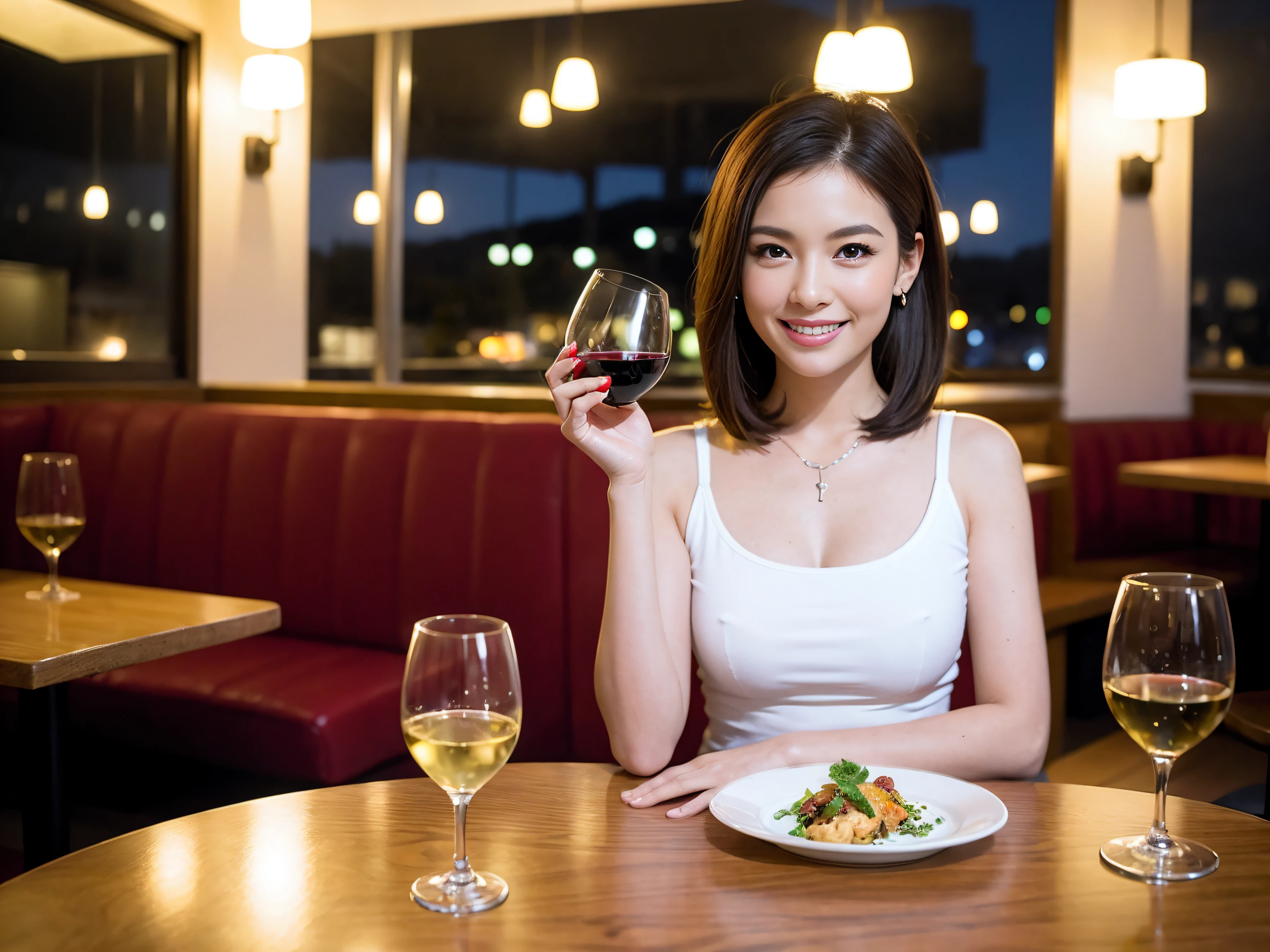(64K, UHD, top quality, masterpiece: 1.2), (realistic, photorealistic: 1.37), super detailed, pretty woman 1, (slim face), (slim body), (brown hair), (short cut), cheeks slightly blushing, (40 years old), 38 years old, solo, beautiful detailed urban night view outside the window, restaurant, wine glass sitting, at night, in a prominent place (from the waist up) NovaFrogStyle, Actress, Model, Waist Up, White Wine, Slim, Wine Glass, Super Clean Night View, Wine Glass Put in the Middle, Happy Smile, (Smile: 1.15), Beautiful Fine Eyes, Upper Body, Bust Japan Up, Night, Short, Short, Actress, Model, Waist Up, White Wine, Slim, Wine Glass, Super Clean Night View, Wine Glass Put in the Middle, Happy Smile,
