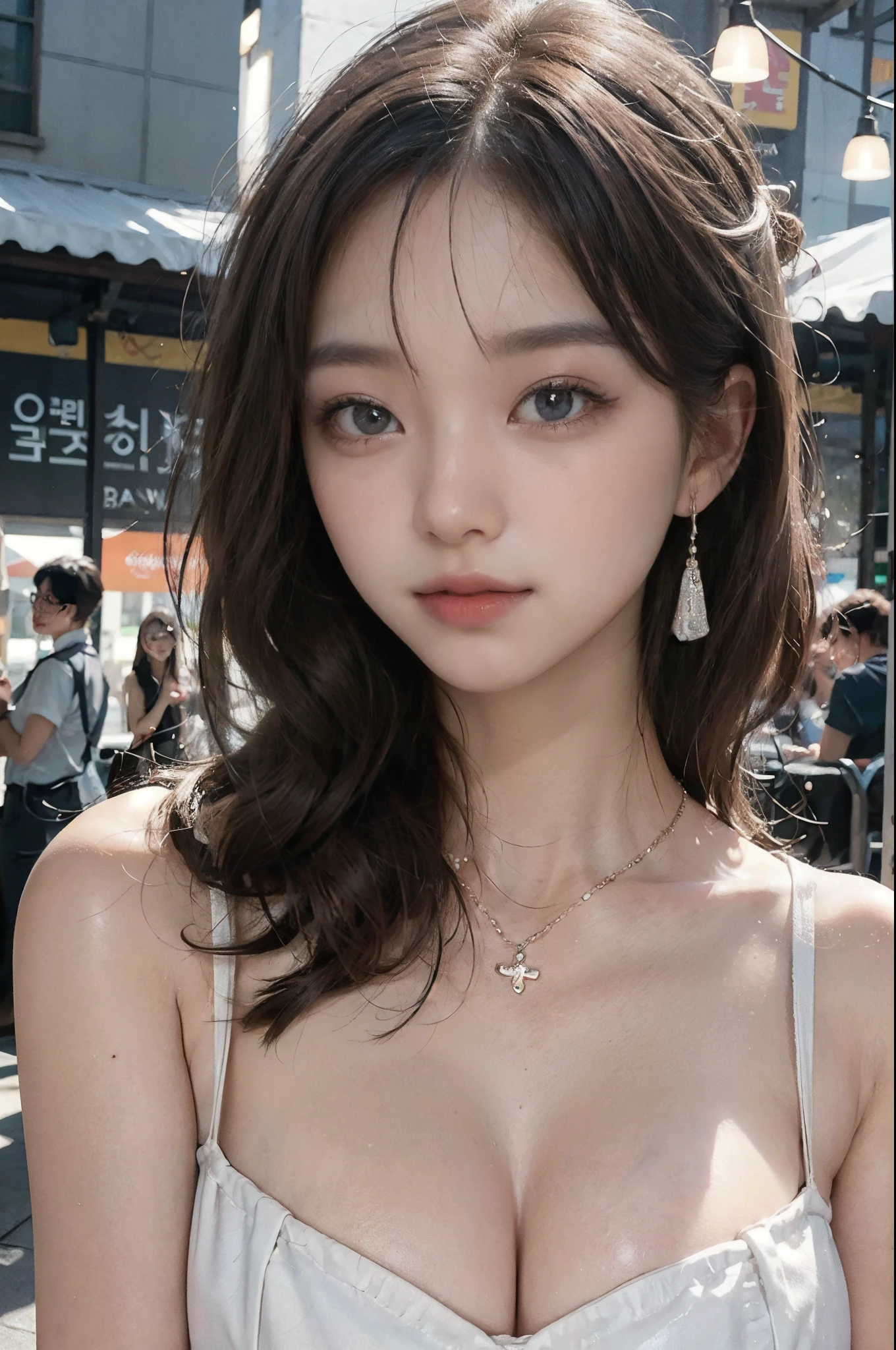 Best image quality, RAW photo, super high resolution, close-up above chest, bright smile, 17 year old korean, very big breasts, cleavage, fair skin, very white skin, light brown hair, neatly matched bangs, sexy formal dress, beautiful eyes, beautiful eyes of random colors, very thin lips, beautiful eyes with details, slender eyes, pale pink cheeks, long eyelashes, beautiful double eyelids, Eyeshadow, Earrings, Necklace, In front of the station at night, park at night