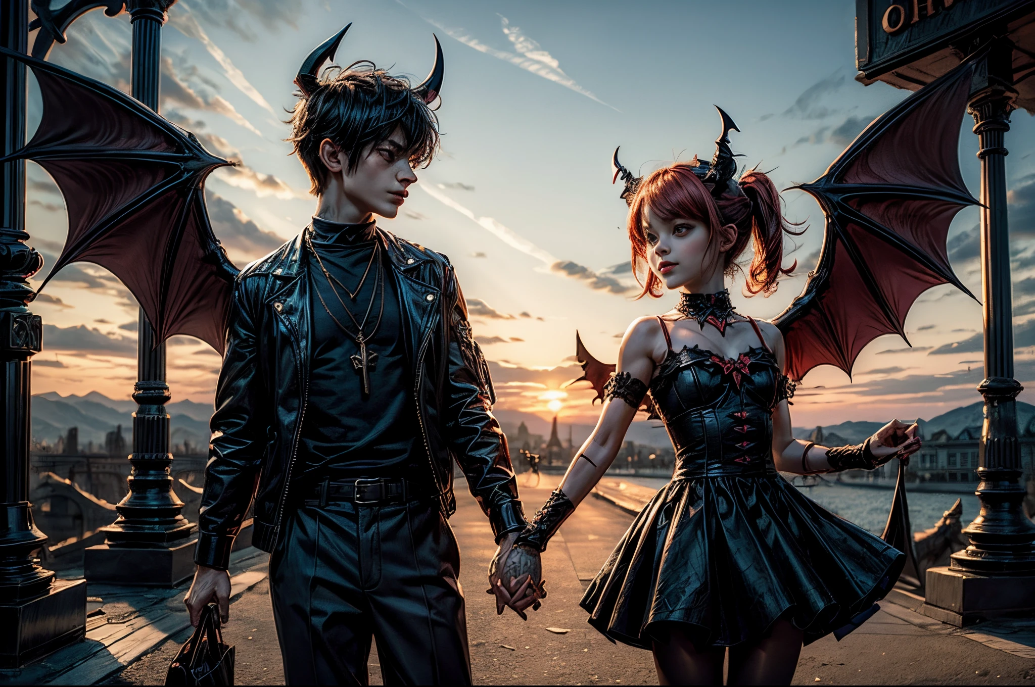 (best quality,4k,8k,highres,masterpiece:1.2),ultra-detailed,(realistic,photorealistic,photo-realistic:1.37),devil boy and girl holding hands,beautiful detailed eyes,beautiful detailed lips,demonic atmosphere,playful and mischievous expressions,dark and mysterious background,nighttime setting,gloomy lighting,sharp focus,dynamic poses,whimsical and colorful illustrations,creative shading techniques,fantasy art style,vivid colors,contrast between light and shadow,supernatural powers,enchanted forest,outfits in dark tones,cute and mischievous facial features,cartoonish yet detailed renderings,flaming red hair for the boy,long flowing hair for the girl,detailed and intricate accessories on their outfits,magical sparks and glowing effects around their hands,subtle hints of mischief in their expressions,joyful and mischievous atmosphere,amazing attention to detail,little devil horns on their heads,curved tails wrapped around their hands,demonic wings,evil grins,glowing yellow eyes,dark and mysterious aura,whimsical and dreamlike atmosphere,fantastical elements,enchanted forest as the backdrop,playful interaction between the boy and girl,expressive emotions,imagination at its best,captivating and dynamic artwork,a celebration of the supernatural,unleashing their magical powers,creating a sense of wonder and adventure with every stroke,artistic interpretation of an otherworldly bond between a devil boy and girl
Negative Prompts